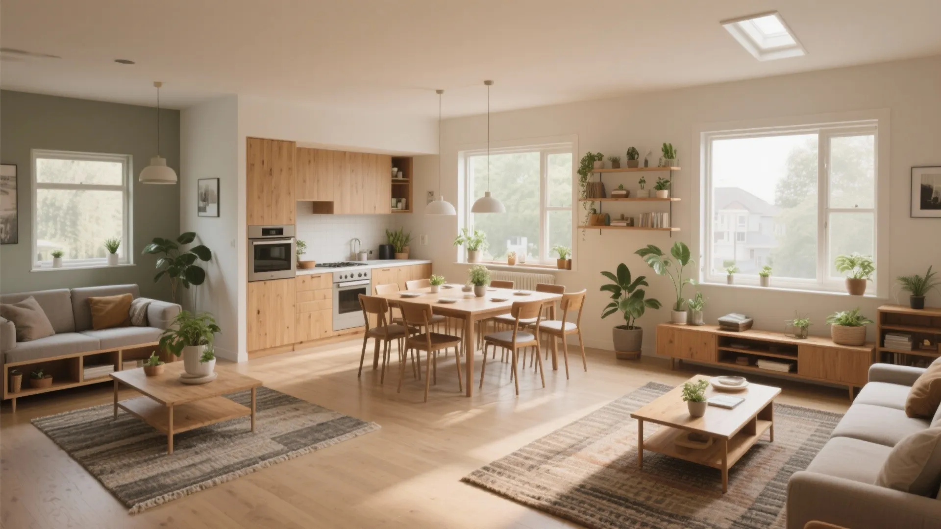 Modern open plan living area with wood kitchen cabinets dining table sofa and large windows
