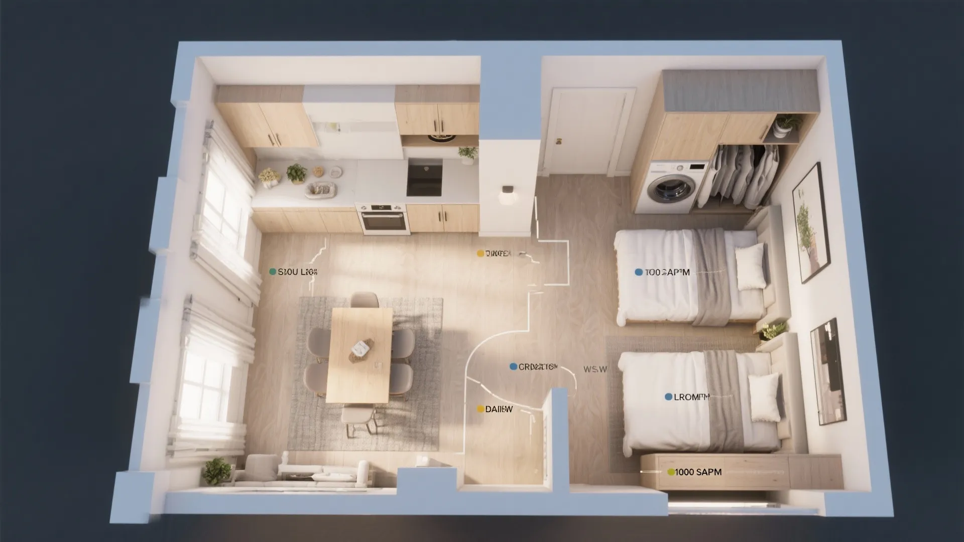 Top down interior design drawing of a studio apartment with two beds and dining area