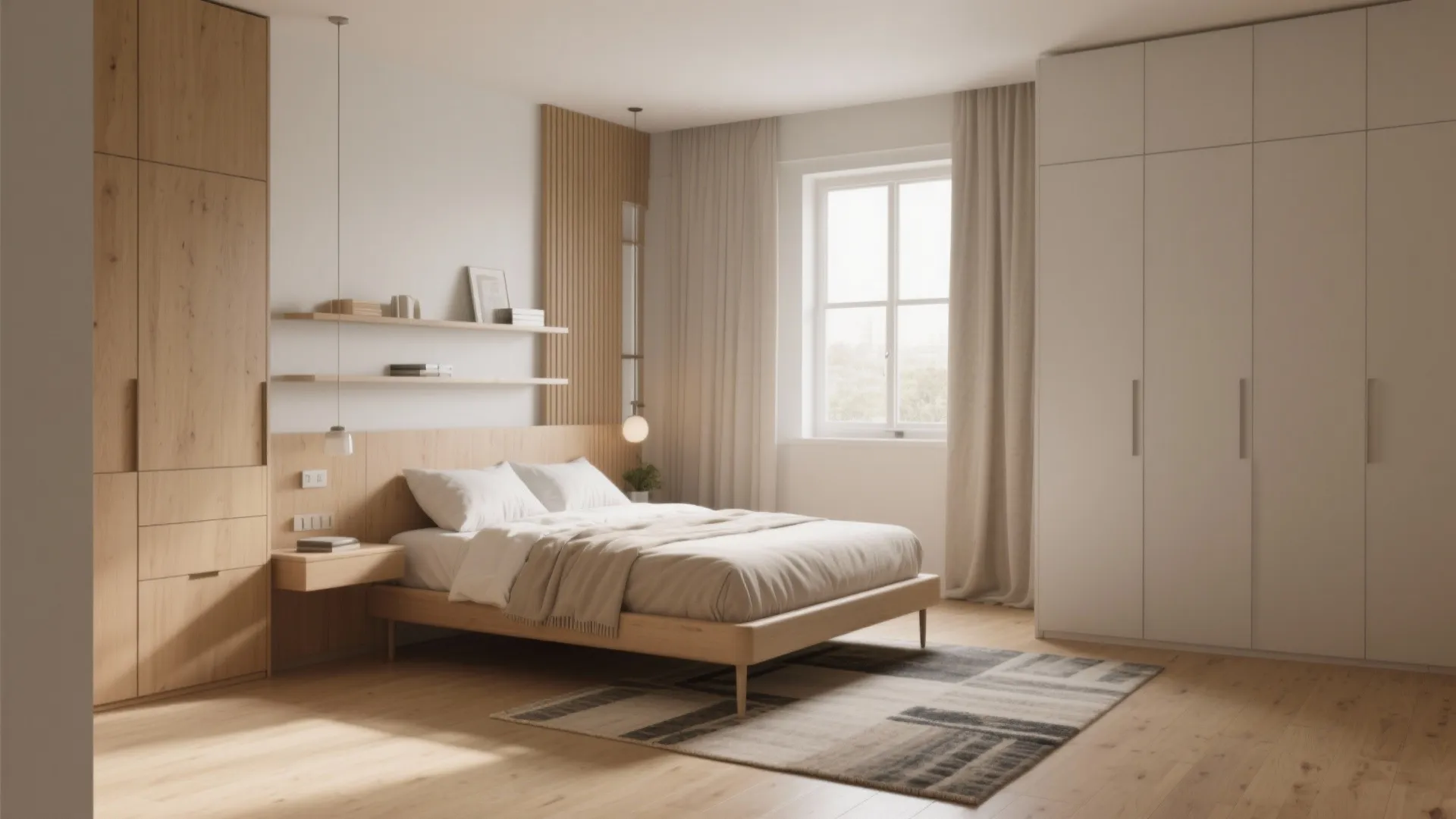Minimalist wooden bedroom featuring a white cabinet floor rug and soft natural light from window