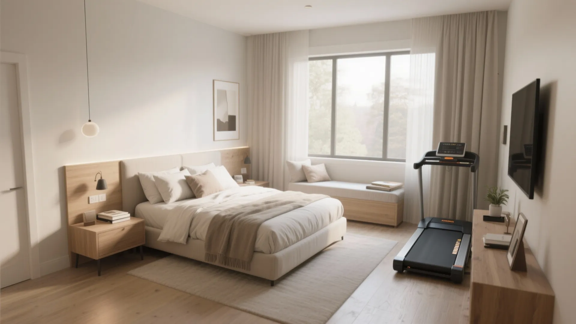 Modern bedroom featuring a treadmill and large window with curtains and wood furniture floor layout