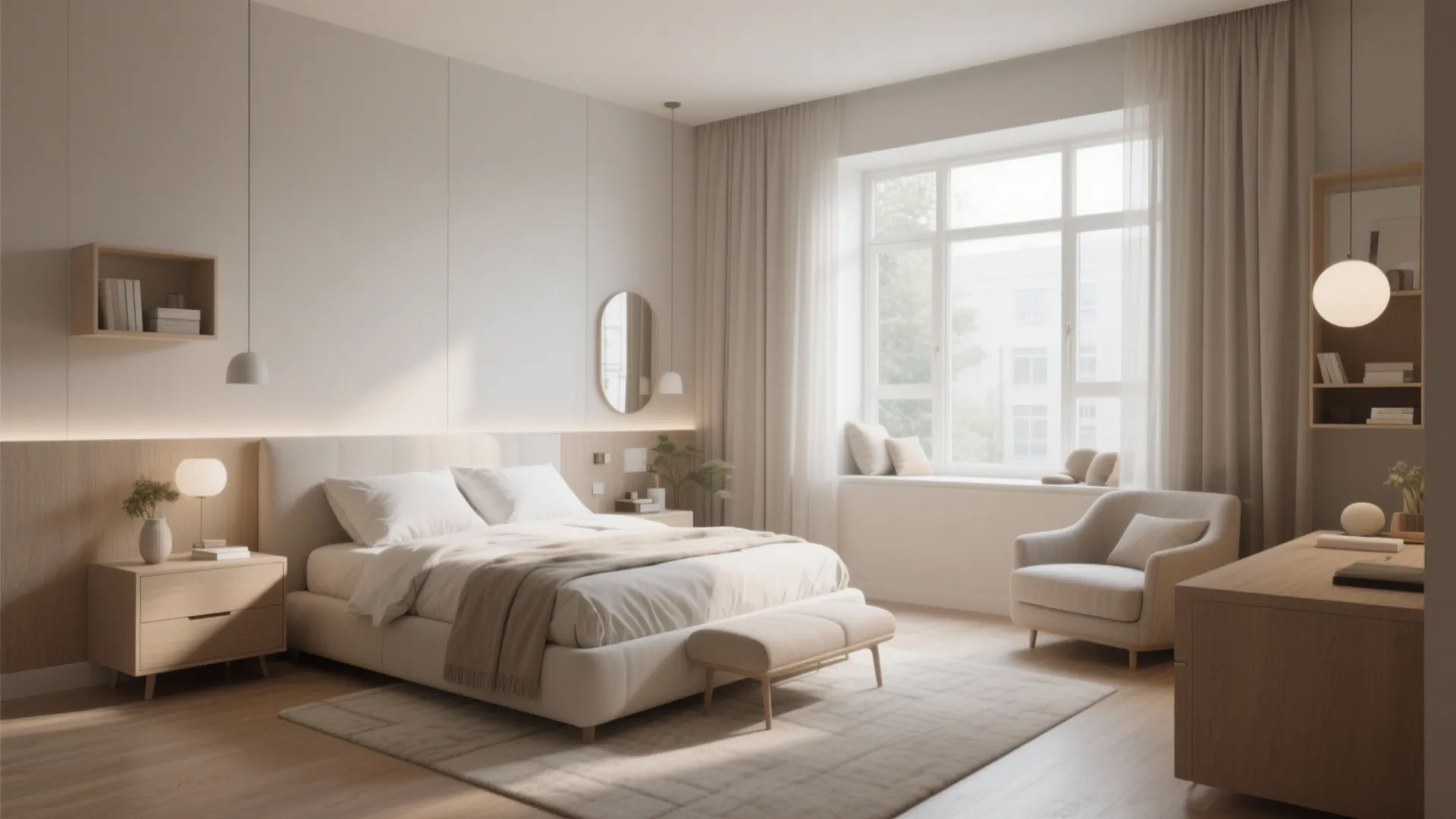 Modern bright bedroom with white bed and wooden furniture including small desk plus large window