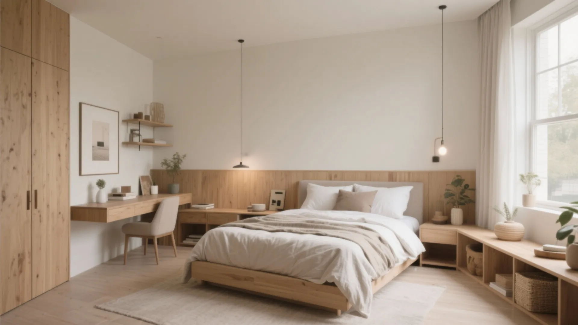 Light wood bedroom with desk chair bed wardrobe two hanging ceiling lights and white art