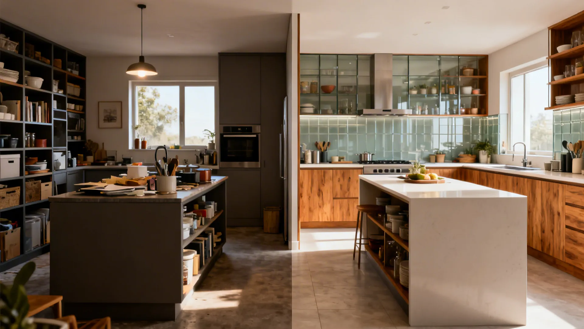 Split view showing a cramped 10x10 kitchen before and a streamlined version after with a slim island.