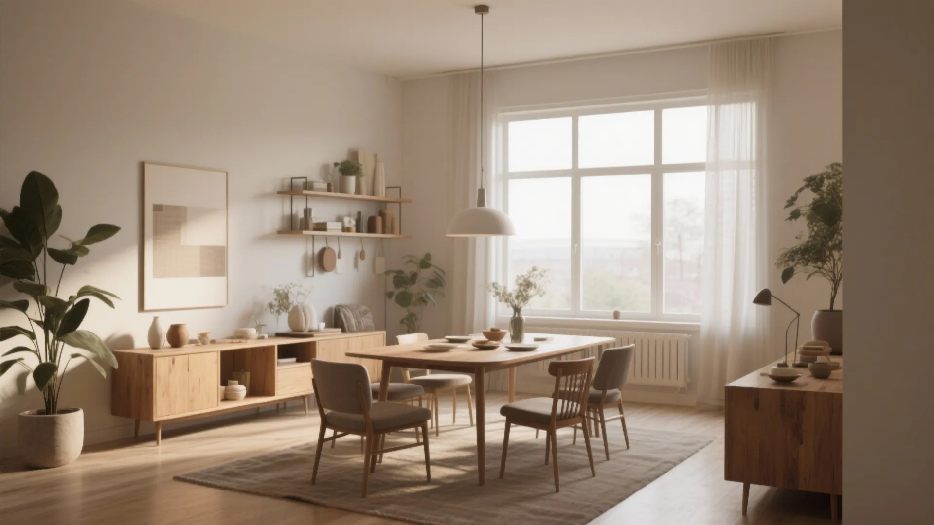Bright dining room with wooden table and chairs plus a cabinet and large bright window