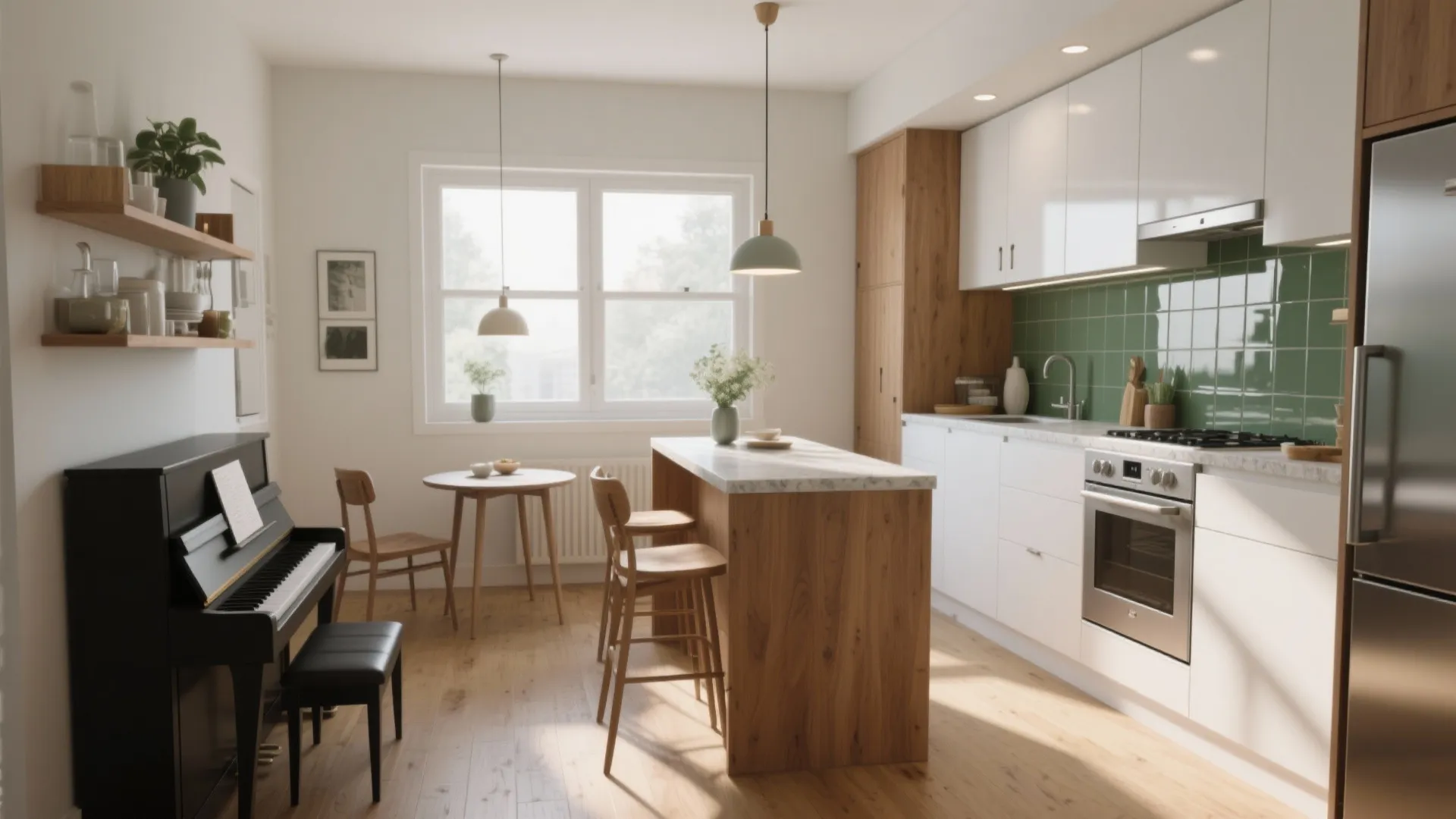 Modern open kitchen with white cabinets green tiles wooden island piano and natural window light