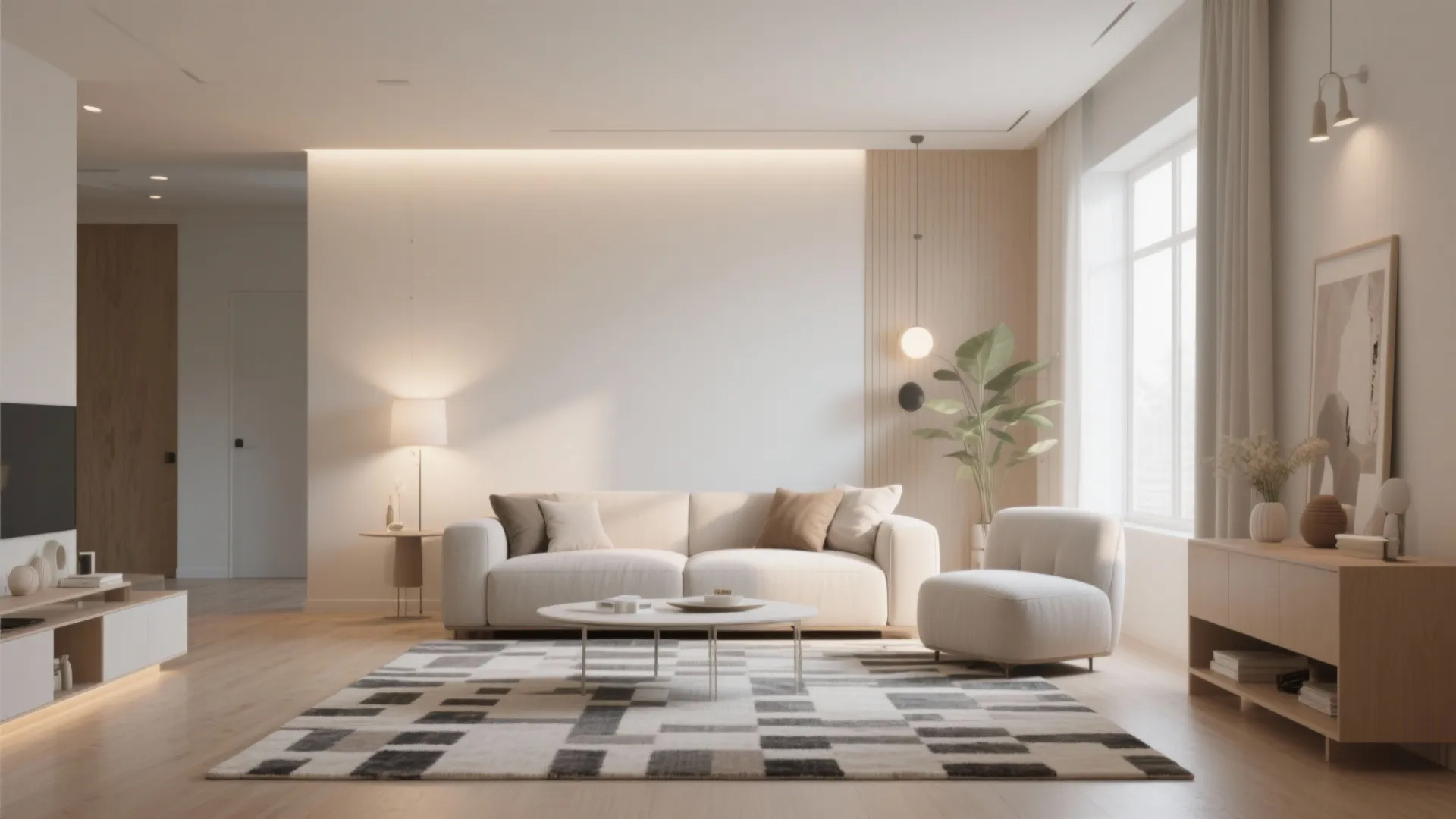 Minimalist living room with white sofa patterned rug wooden cabinet wall panel and green plant