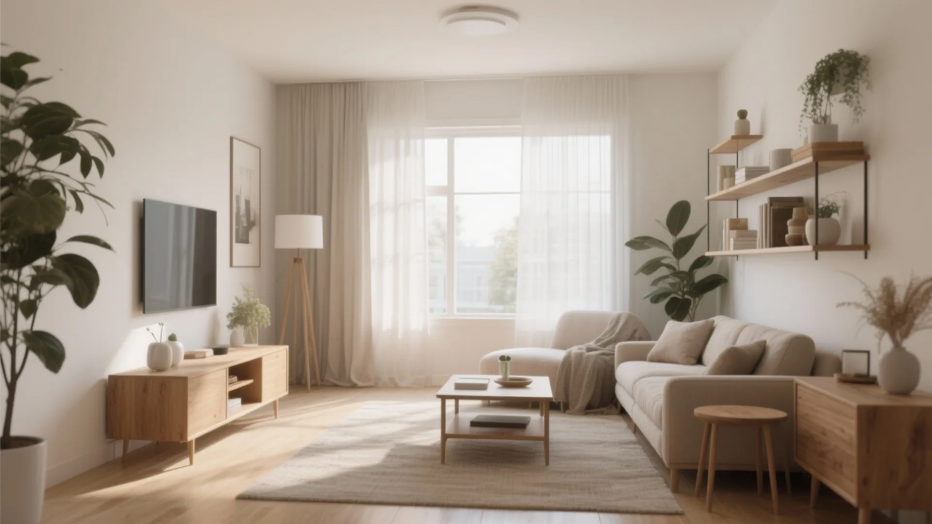 Bright living room with beige sofa wooden cabinet wall shelves large window and green plants
