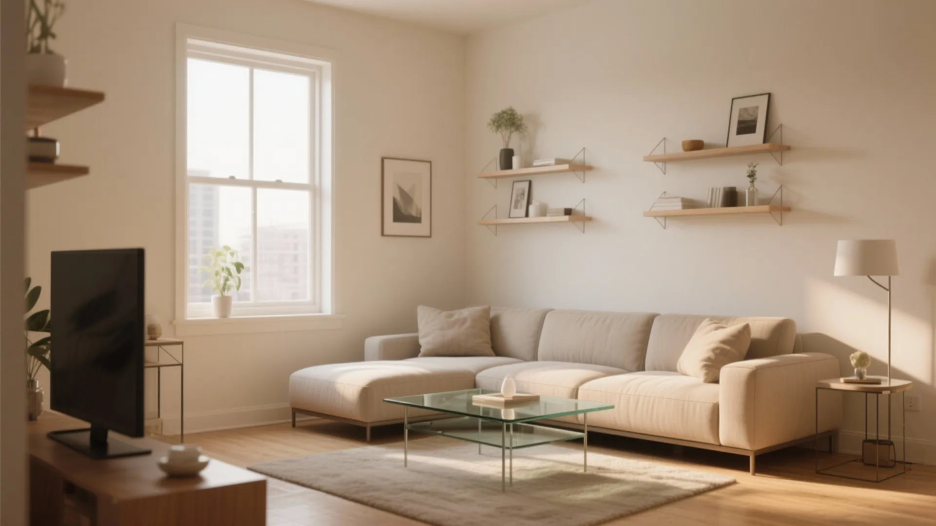 Modern cream sofa in living room with glass coffee table wooden floor and wall shelves