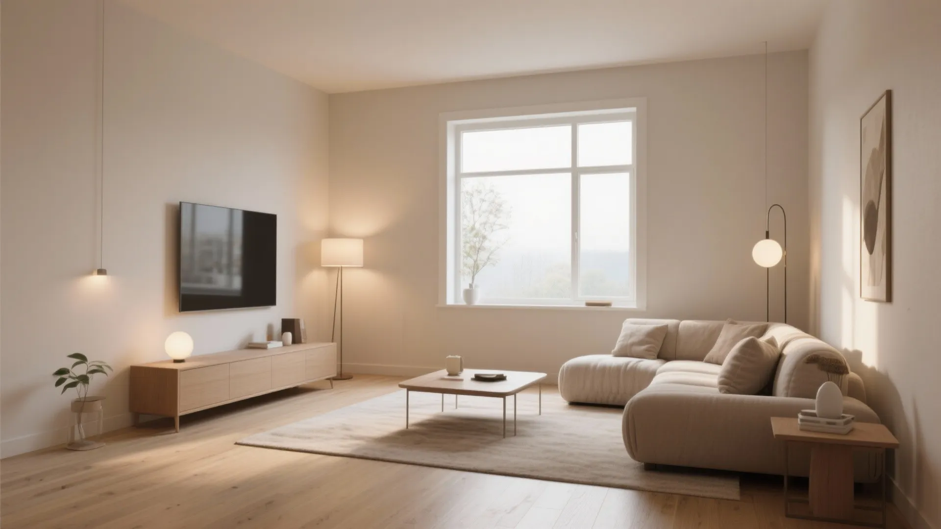 Minimalist living room design featuring beige sofa wooden cabinet wall mounted television and large bright window