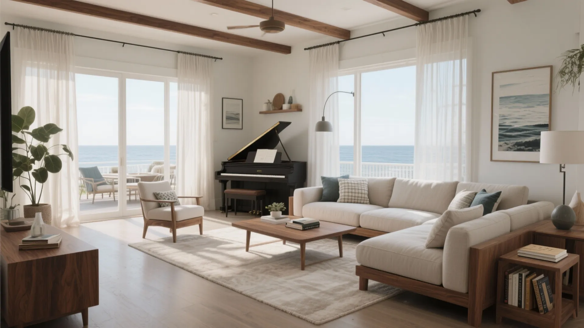 Bright beach house living room with white sofa wooden coffee table and black grand piano
