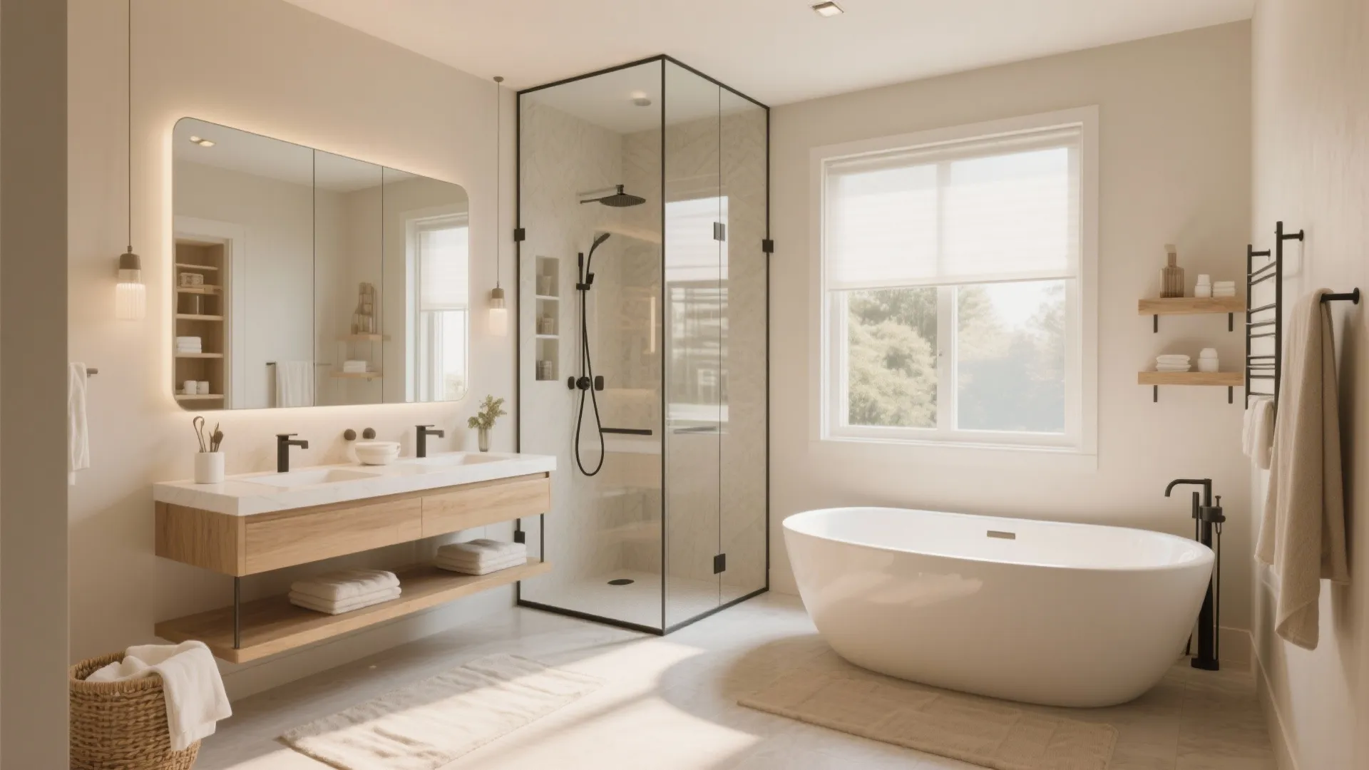Bright master bathroom with large white bathtub glass shower wooden vanity large mirror and window