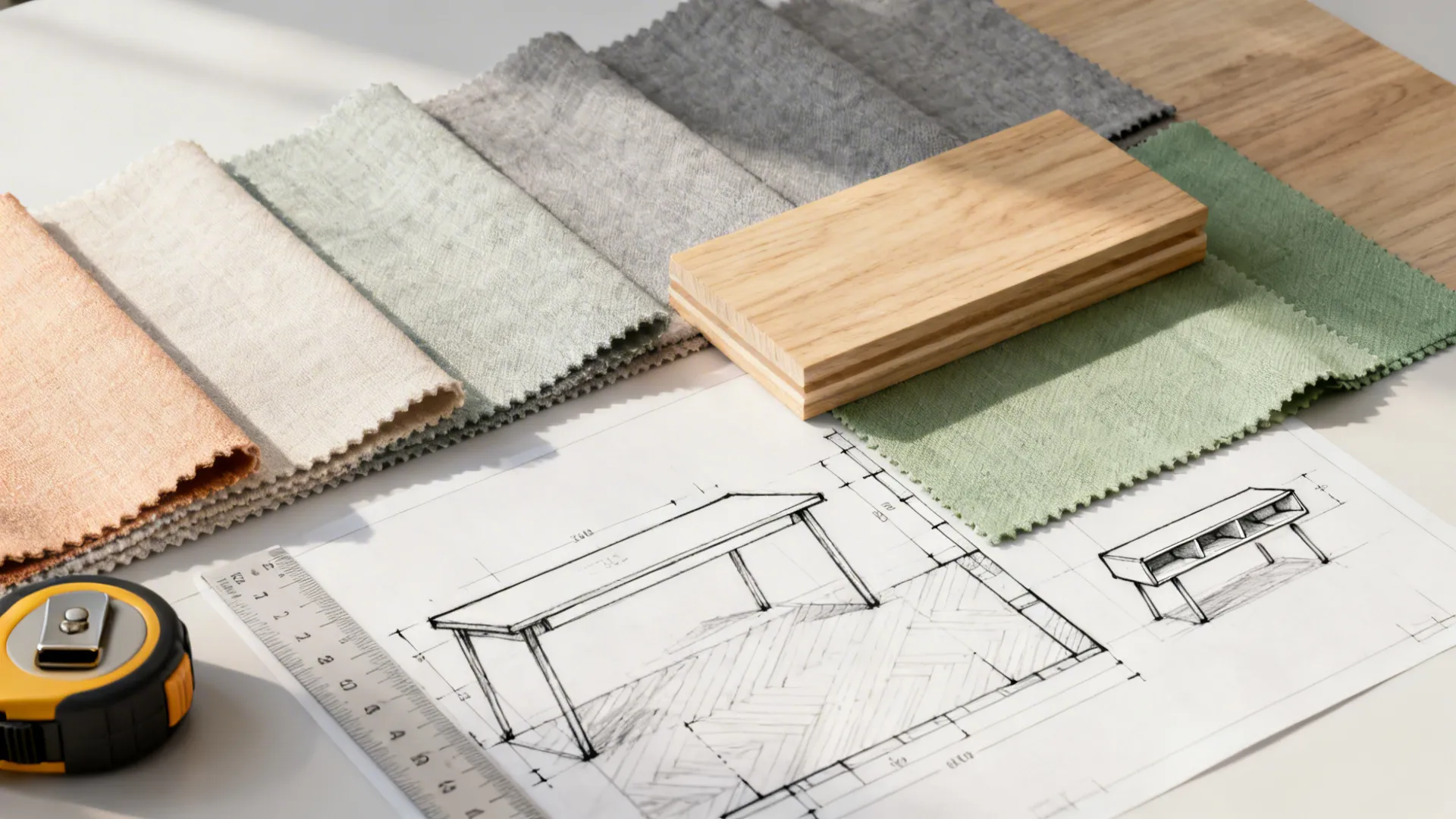 Top-down flatlay of material swatches, wood samples and a small floorplan for a 10x10 bedroom.