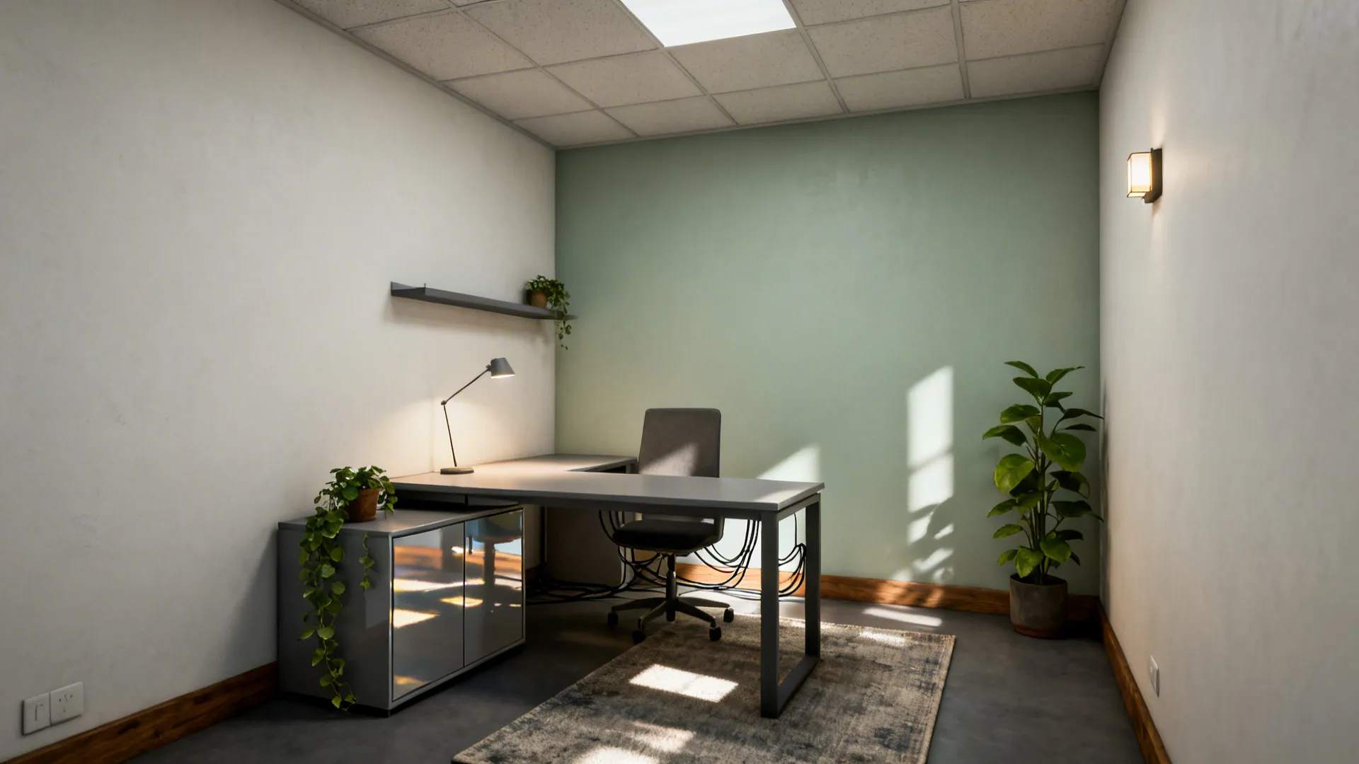 Small office room with grey desk, chair, green plants, desk lamp, and a wall light
