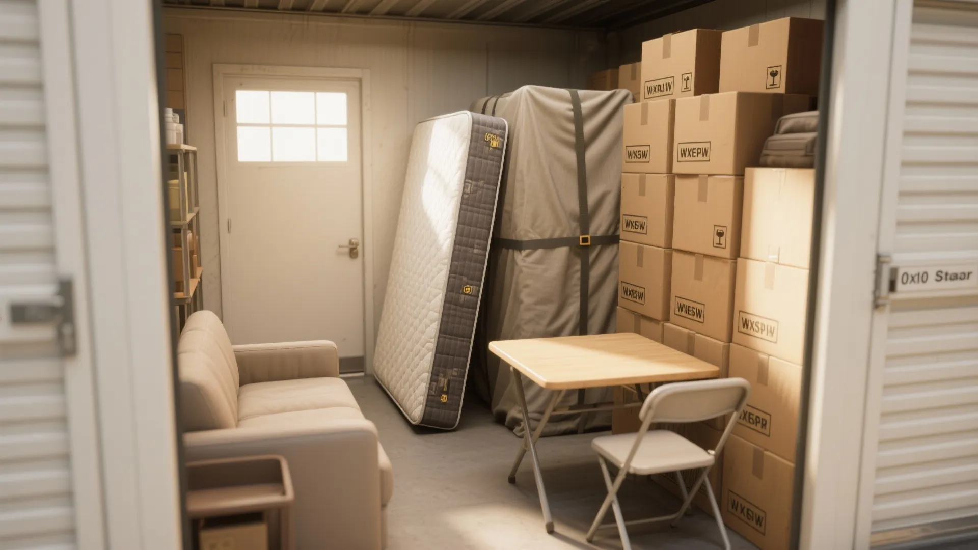 Tidy 10x10 storage unit with mattress, sofa and stacked labeled boxes