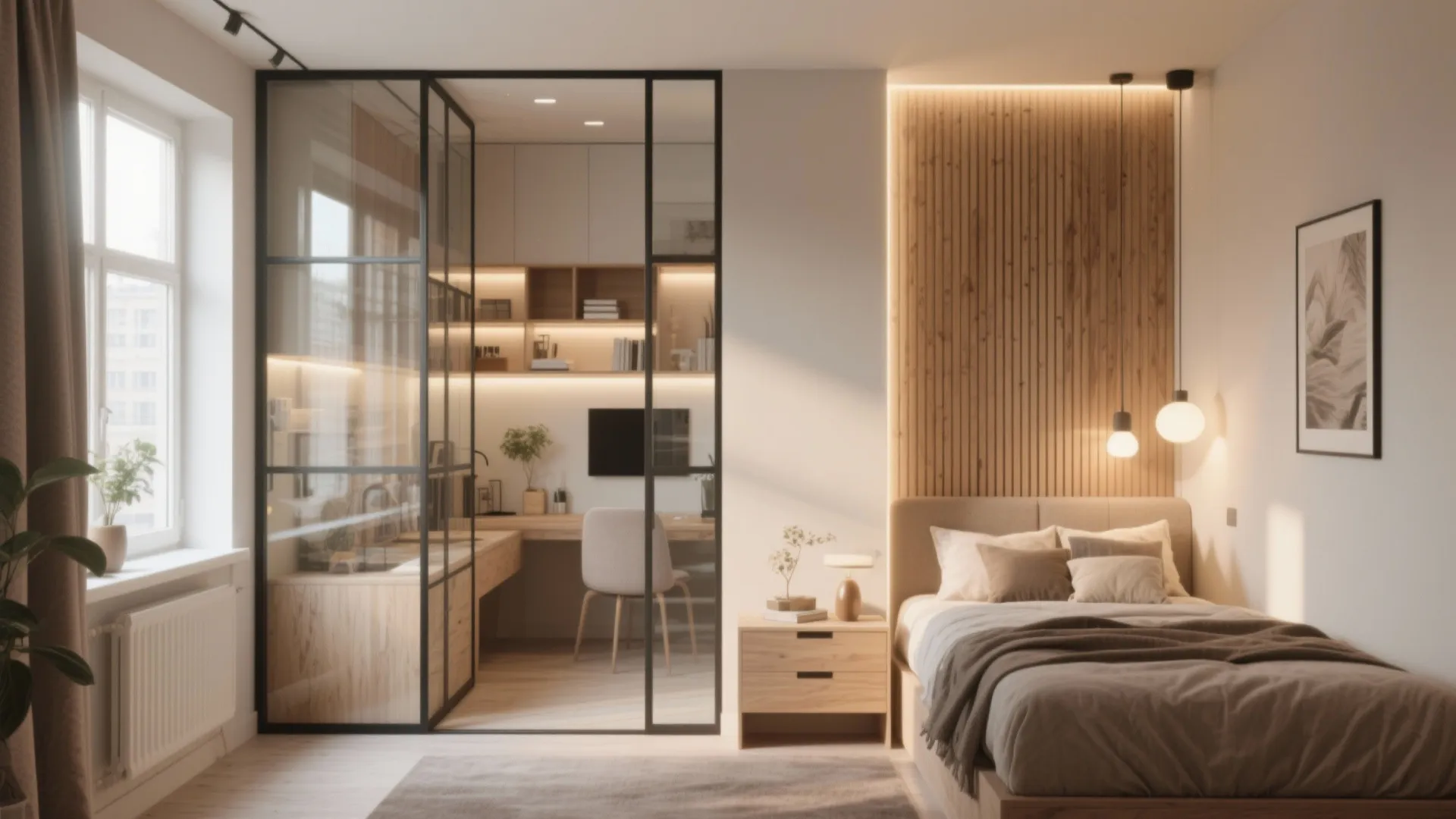 Modern small bedroom with bed wooden wall panel hanging lights and glass wall into office area