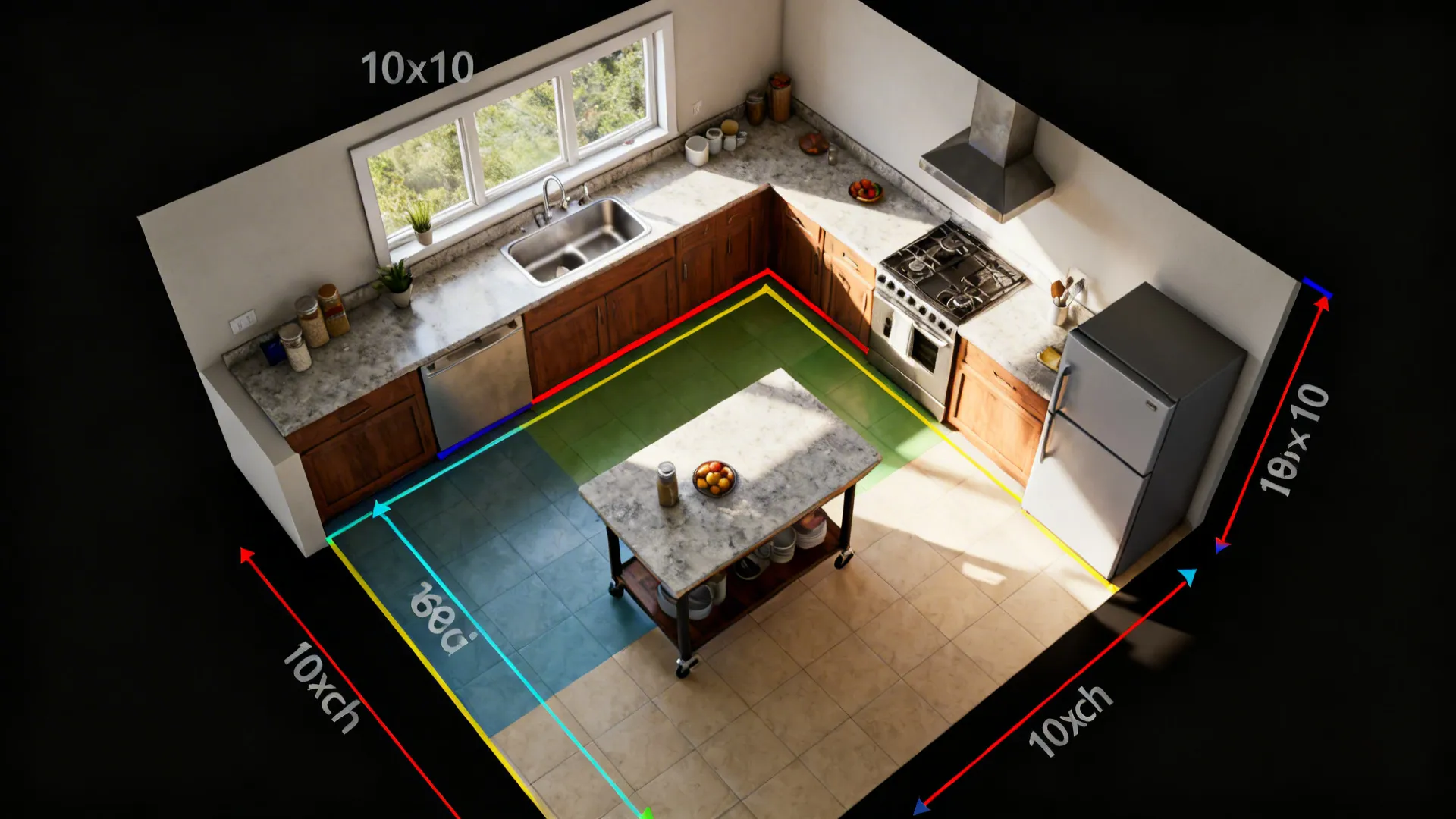 Top-down 10x10 kitchen layout showing a tuned work triangle with clear pathways.