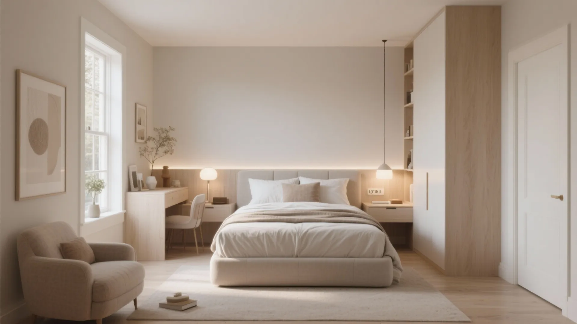 Modern bedroom with beige bed wood desk large white closet and soft warm light fixture accents