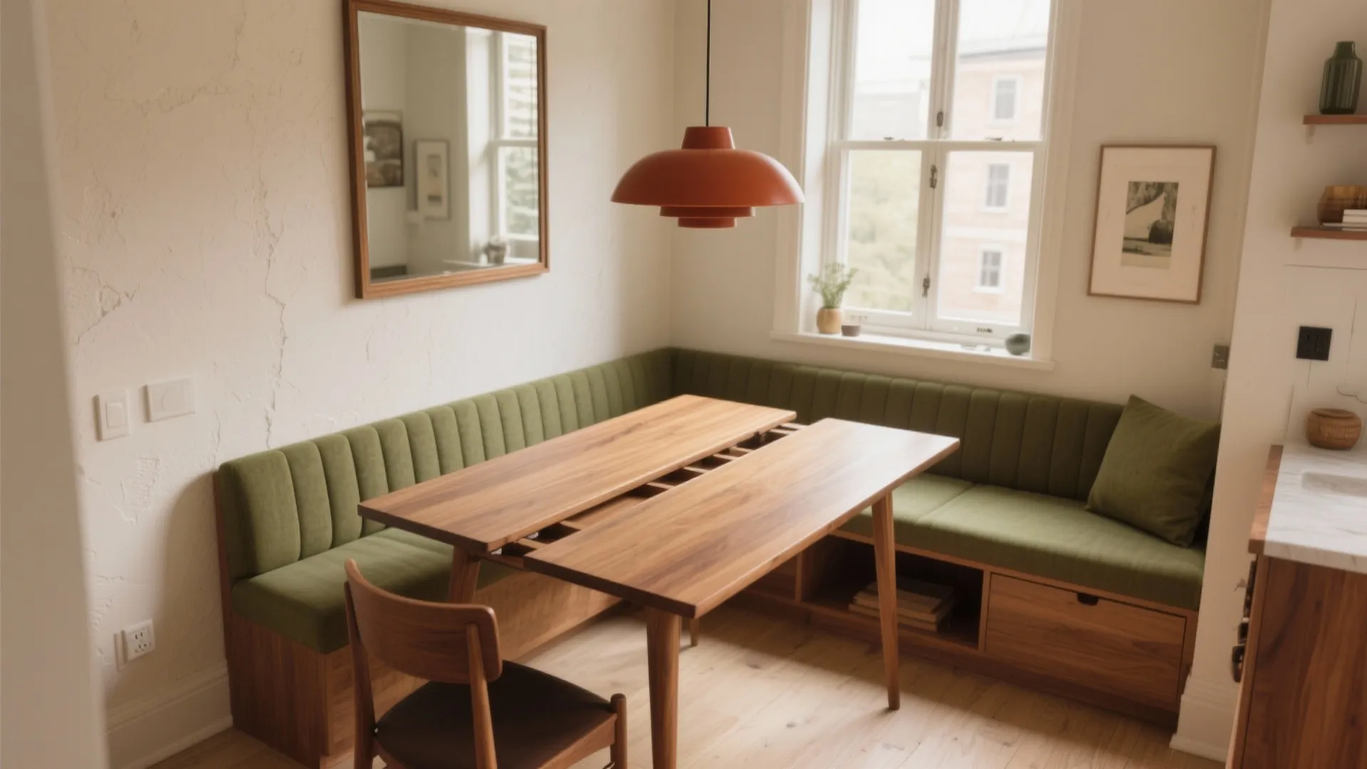 Wooden dining table with green corner sofa seating and an orange ceiling light plus window