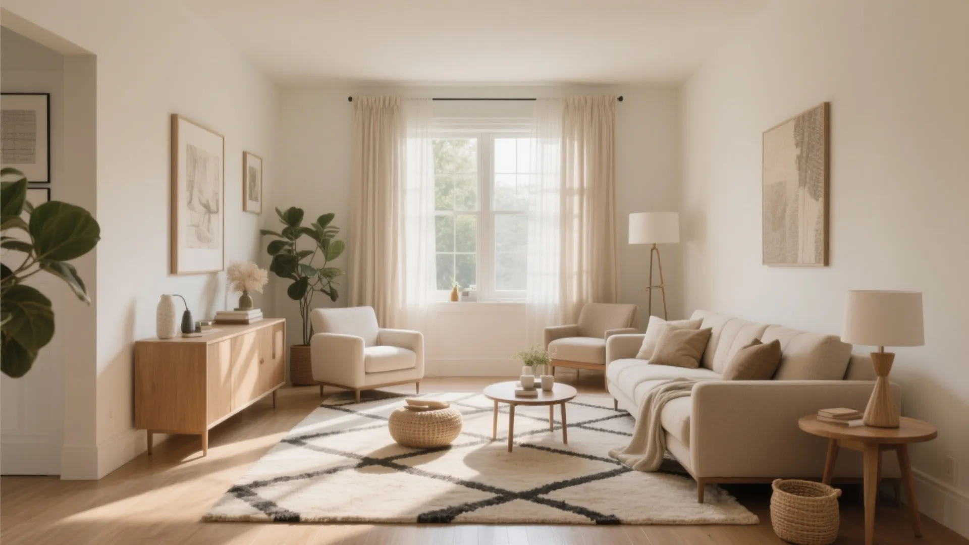 Bright living room with white sofa armchairs wooden cabinet and large rug featuring black diamonds