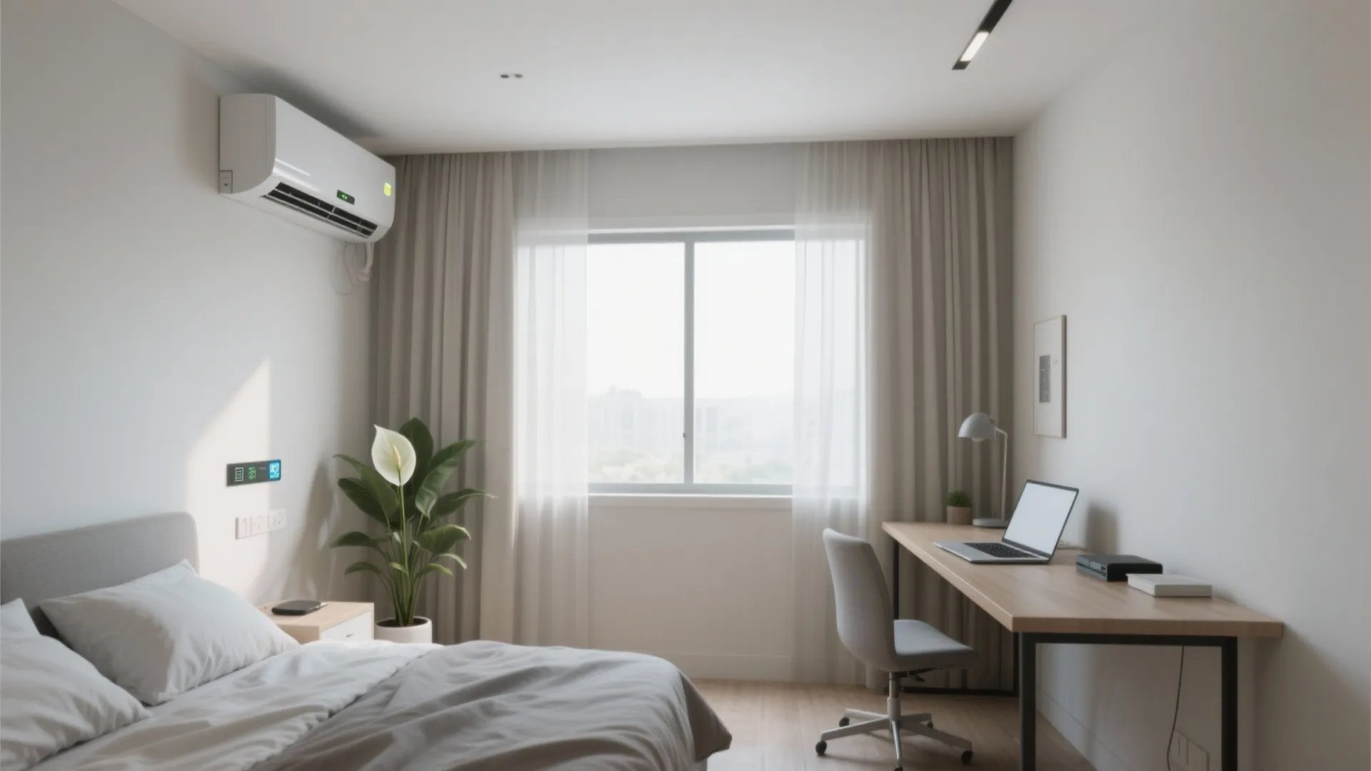 Modern white bedroom with air conditioner wall unit wooden desk laptop chair and large bright window