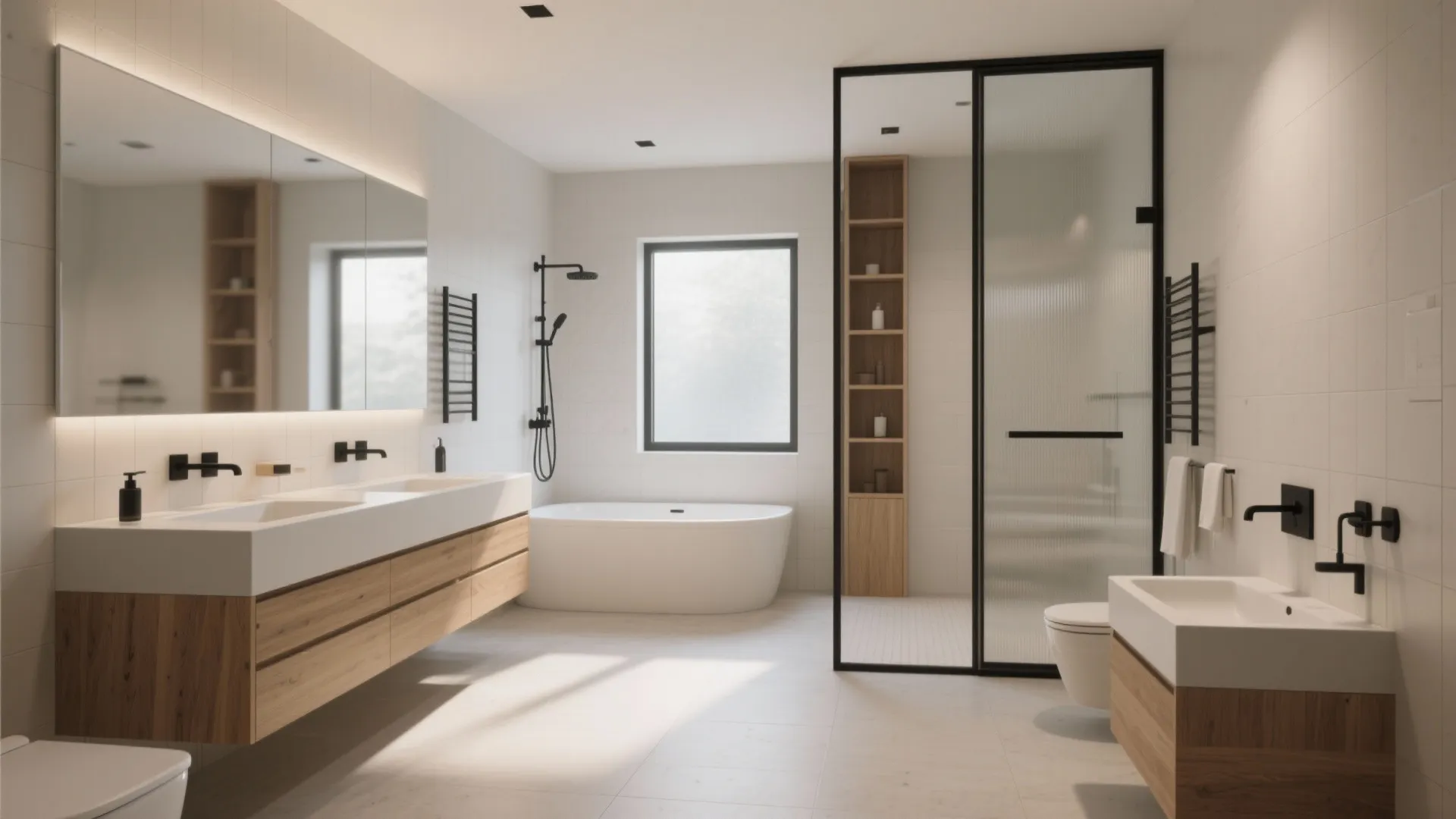 Spacious modern bathroom with double sink wood cabinet white bathtub and glass shower door partition