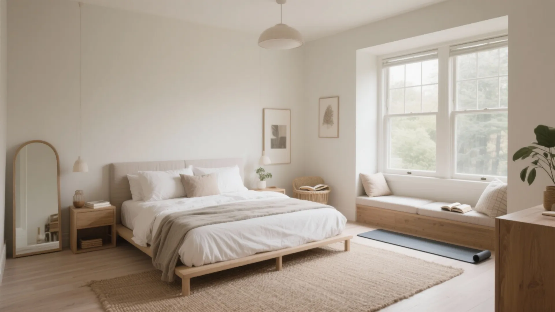 Bright minimalist bedroom with wooden bed frame white bedding large windows and a floor mirror