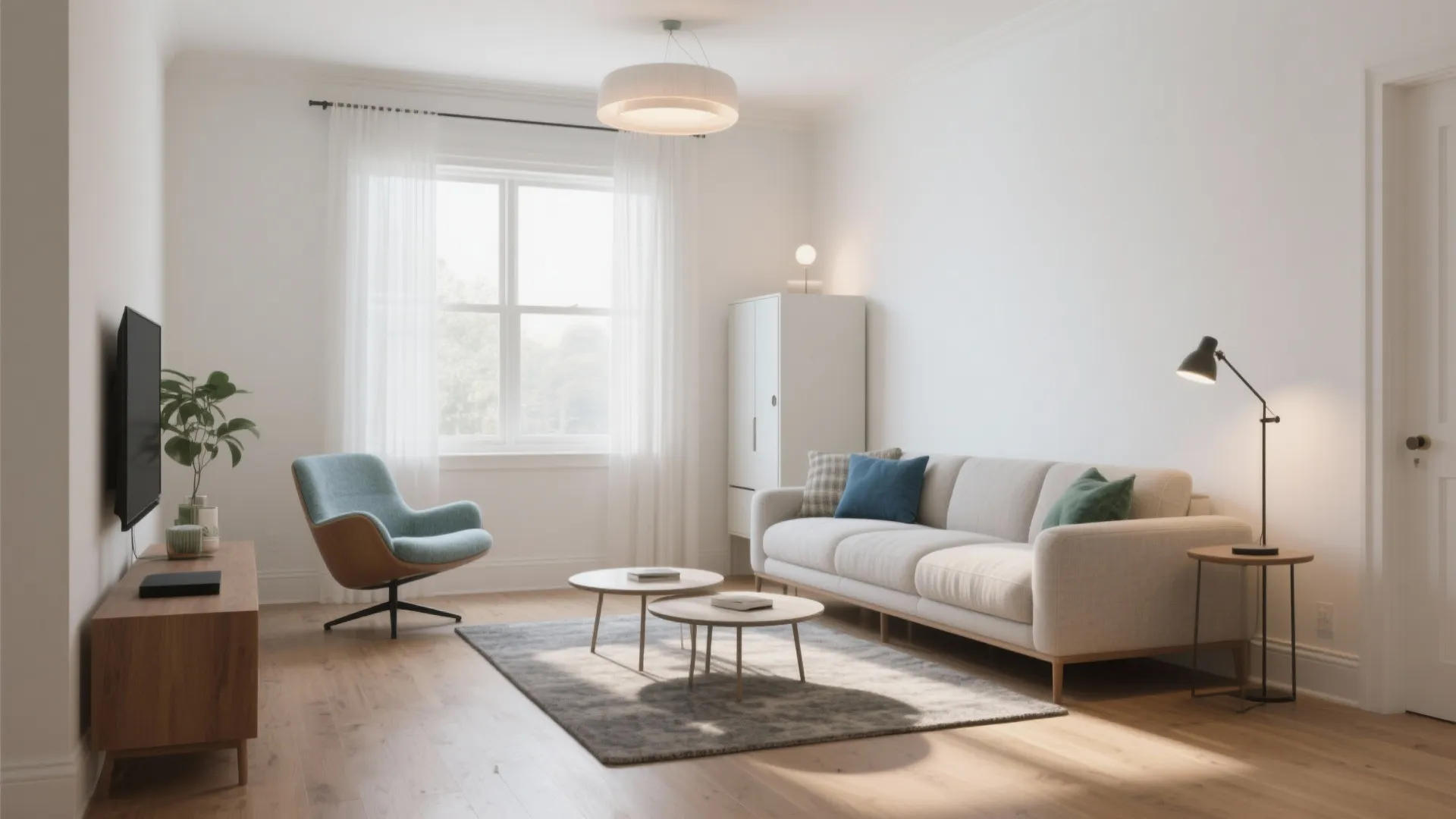 Modern bright living room with white sofa wooden floor blue armchair ceiling light and large window