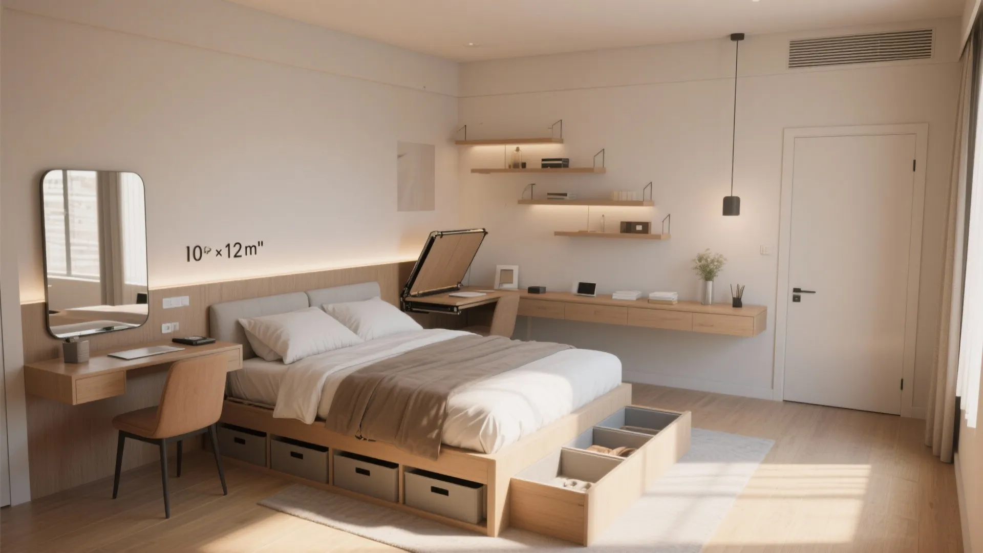 2. Make a 10 x 12 ft room feel larger with multifunctional furniture