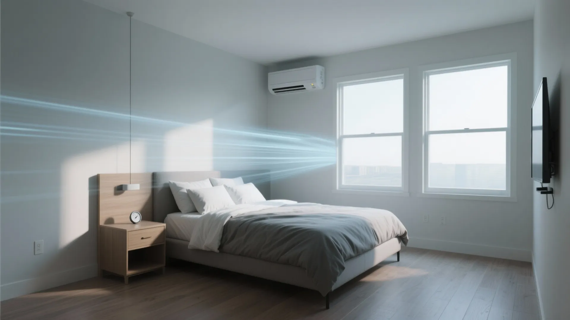 Modern bedroom with wall mounted air conditioner blowing cool air over grey bed and wooden floor
