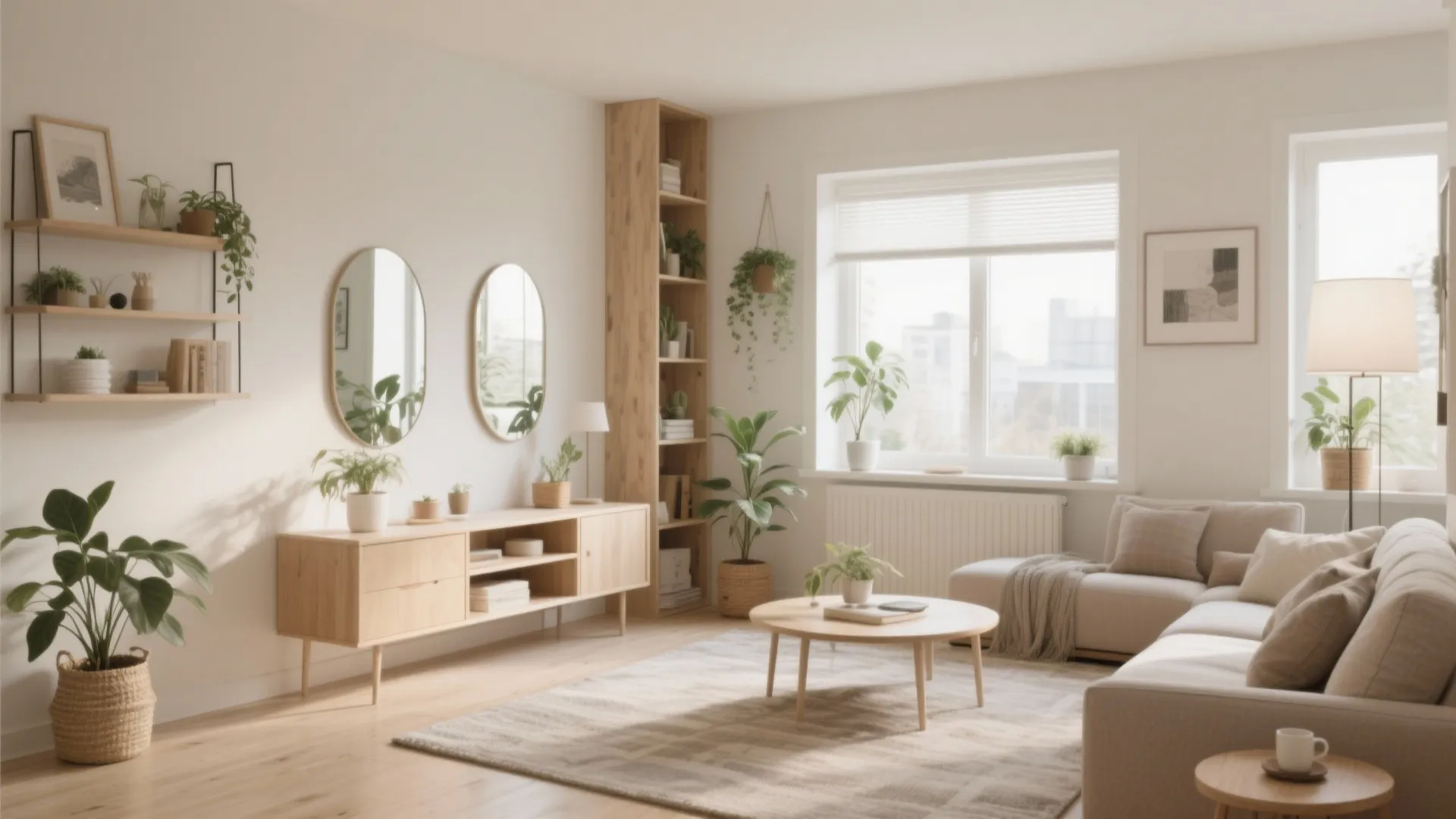 Modern living room with beige sofa wooden coffee table cabinet green plants window and light