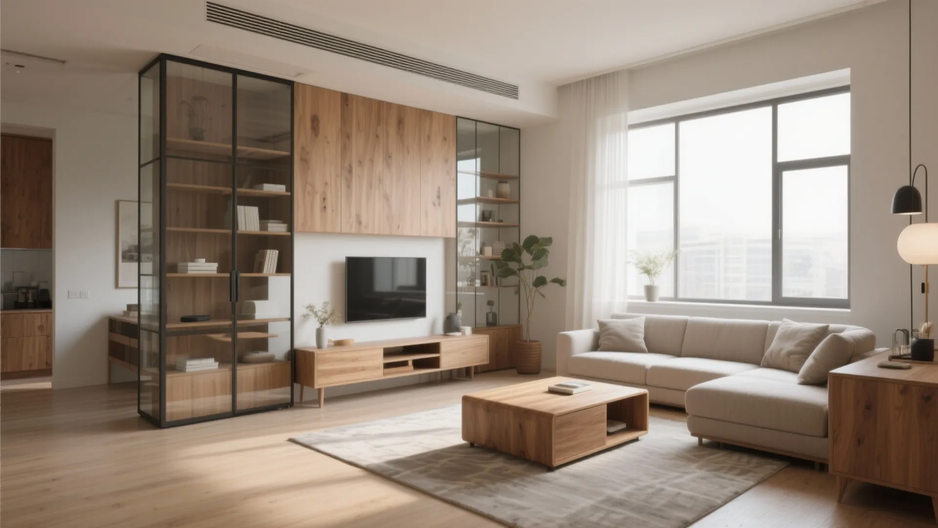Bright living room featuring wooden coffee table grey sofa large window and glass display cabinet