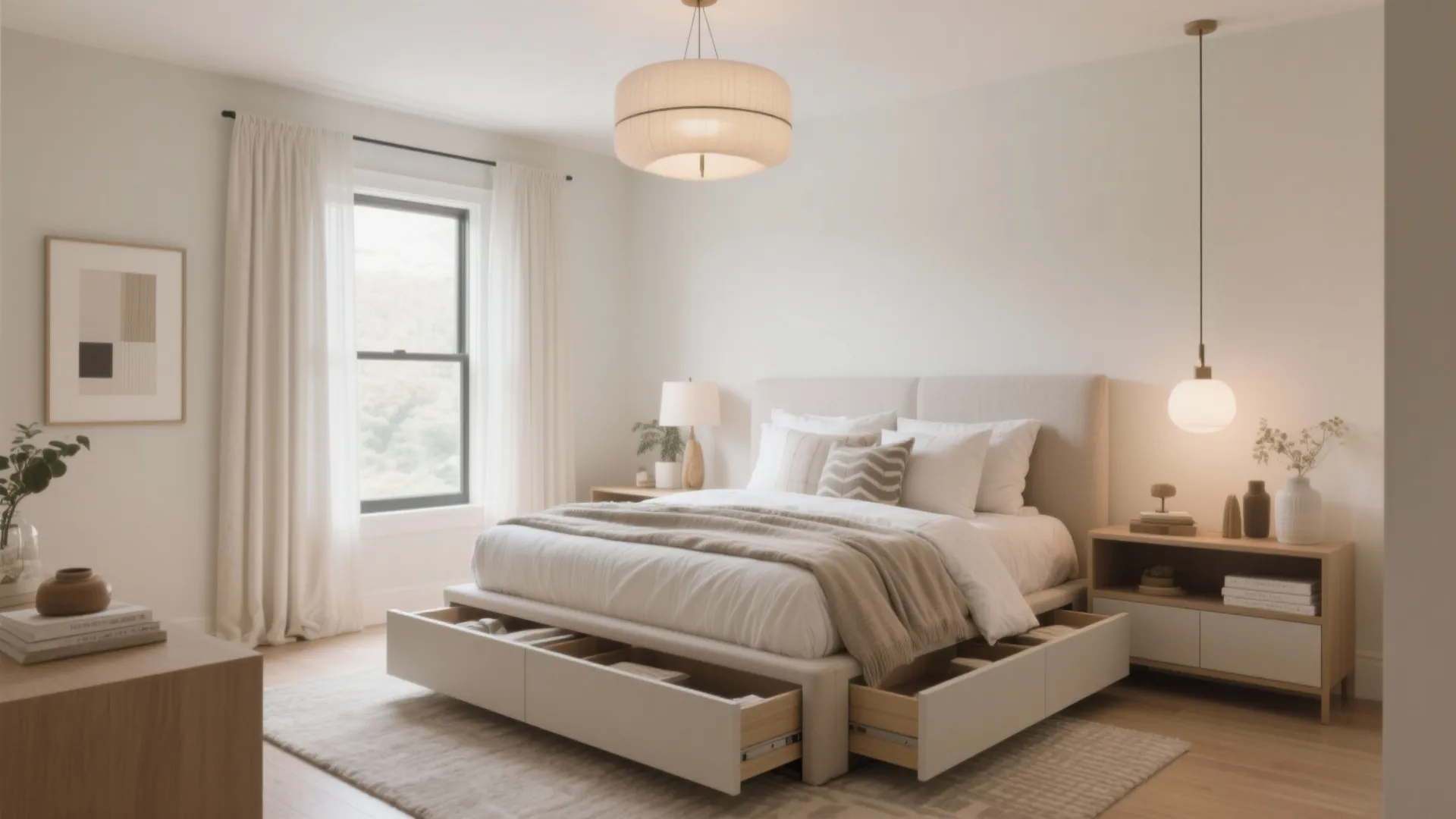 Spacious master bedroom with large ceiling light wooden furniture and bed featuring built in drawers