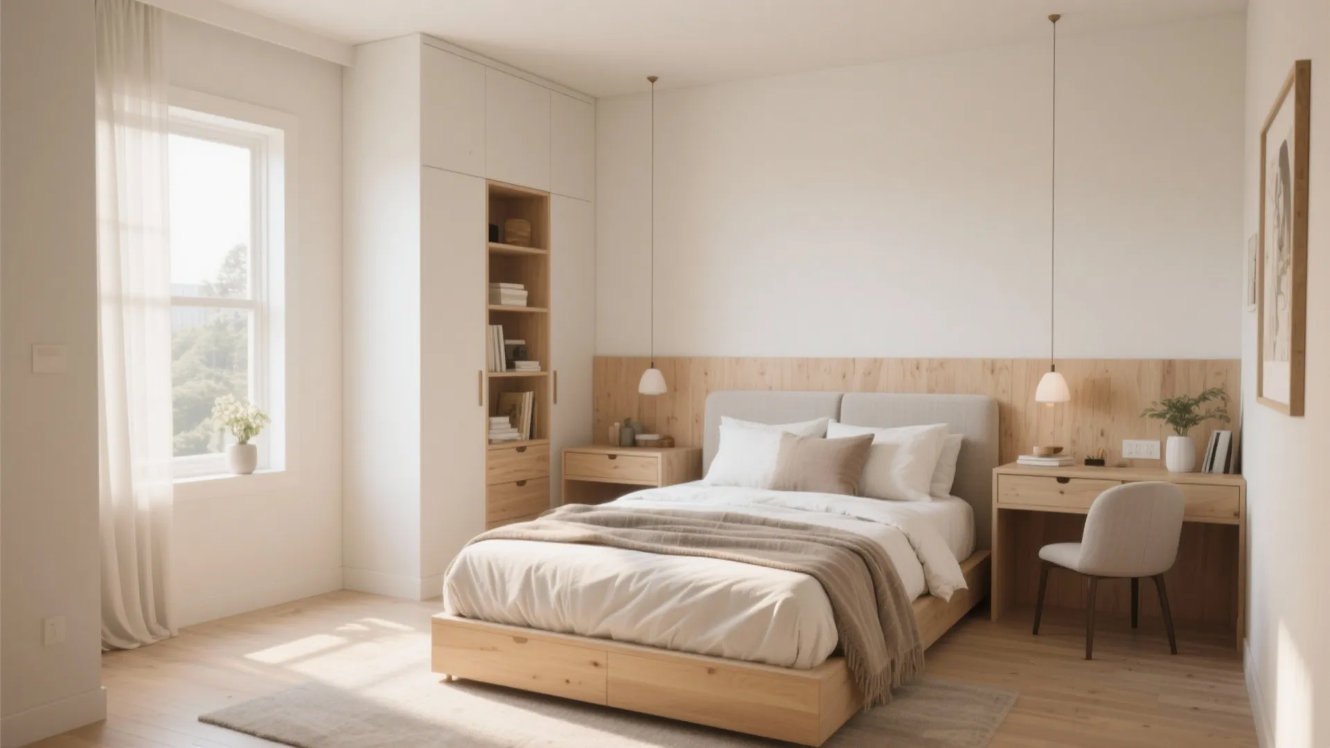 Light wood bed in a white room with tall cabinet, wall shelves, and workspace desk