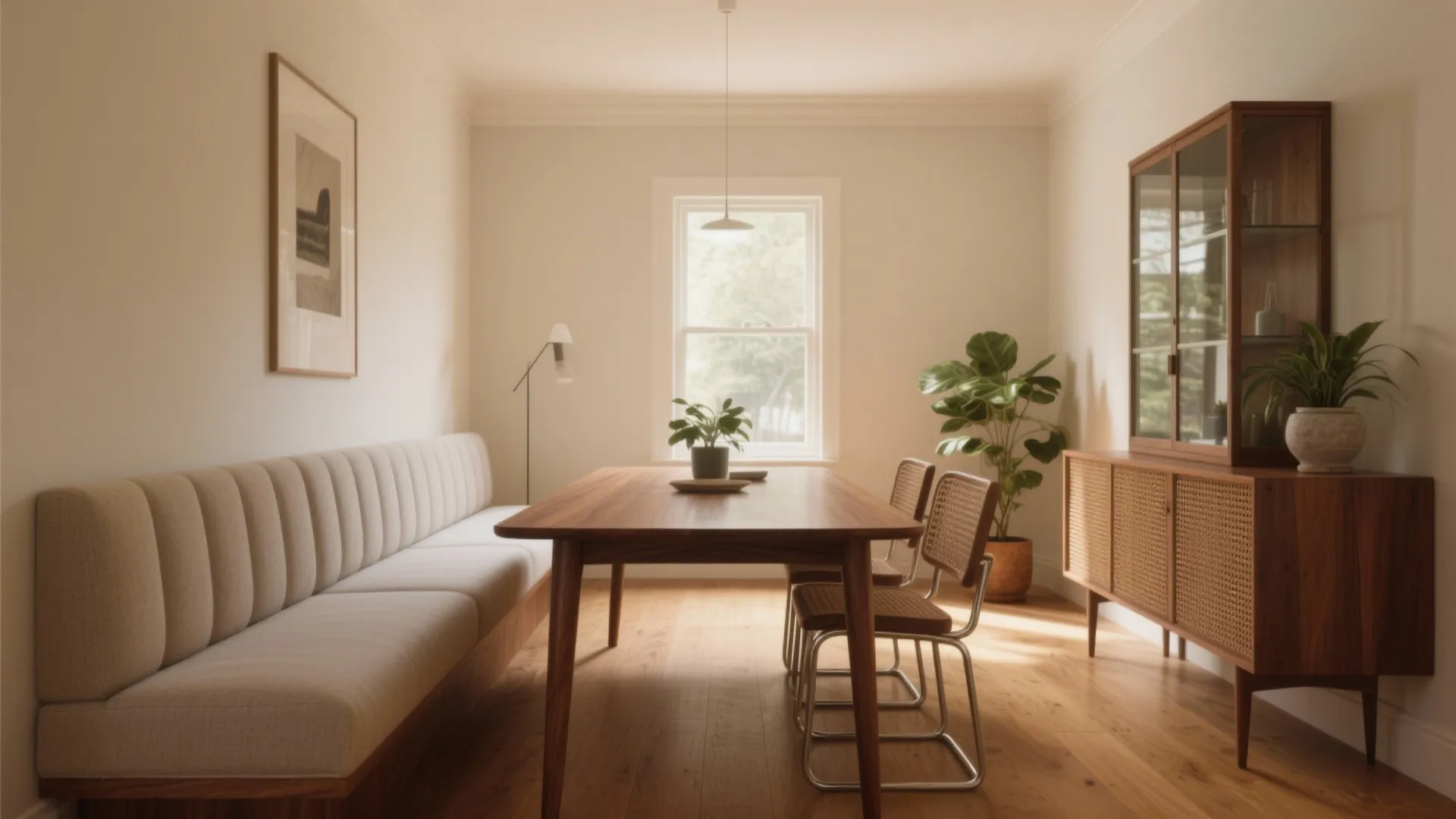 Modern dining room with long wooden table, cushioned bench, two chairs, cabinet, and ceiling light