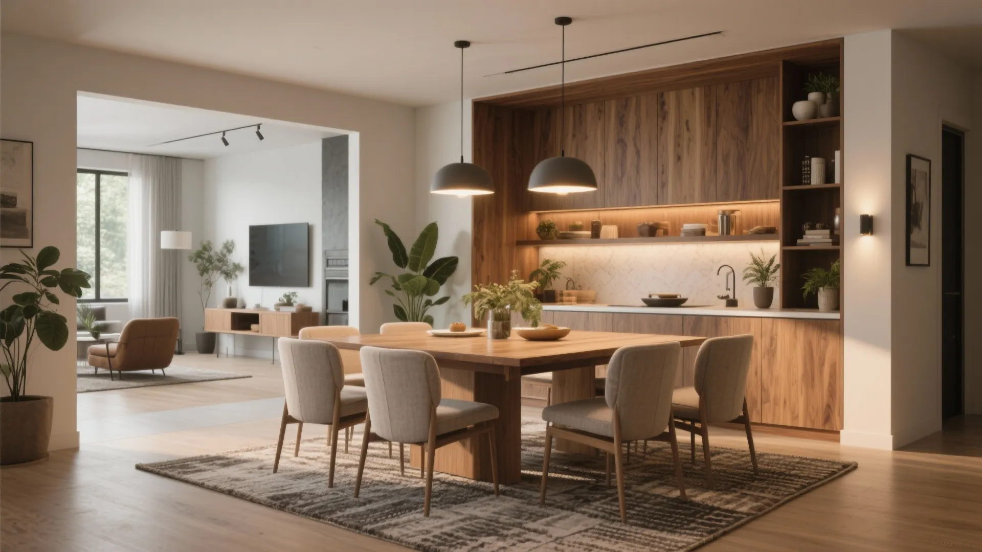 Open plan wooden kitchen and dining area with square table gray chairs and modern ceiling lights
