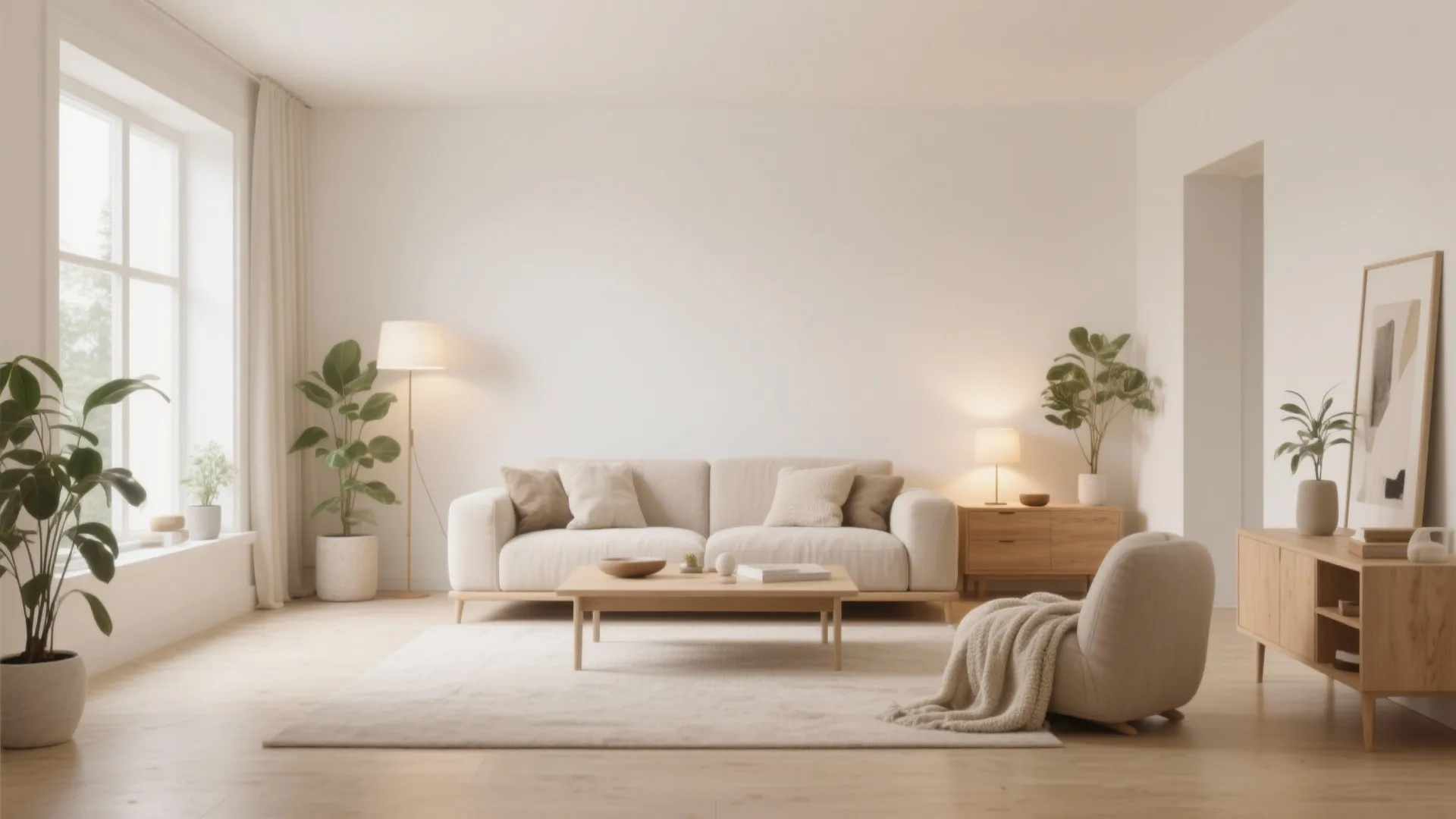 Minimalist living room design with white walls wooden cabinet cream sofa and indoor green potted plants