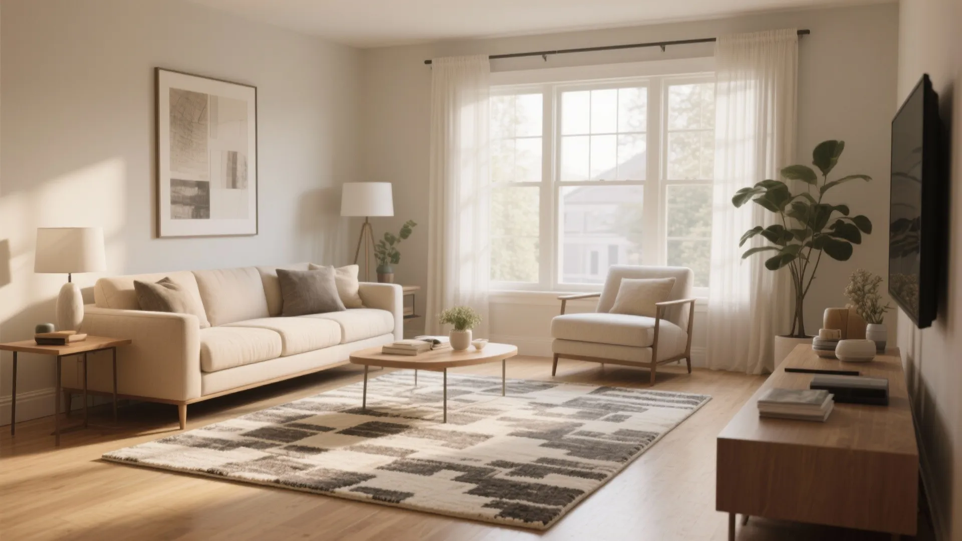 Sunlit living room with patterned rug beige sofa wooden coffee table and indoor green plants