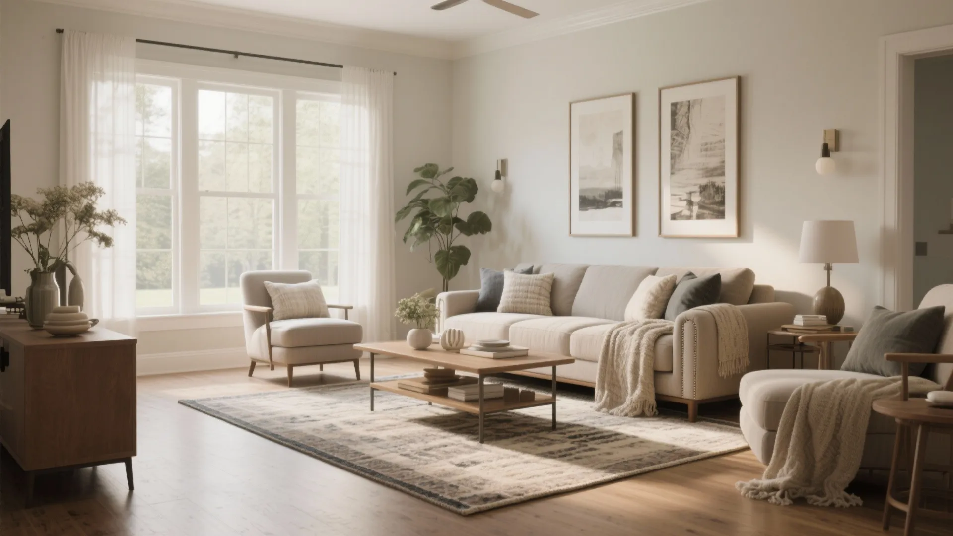 Warm living room with beige sofa large patterned rug wooden coffee table and indoor plant