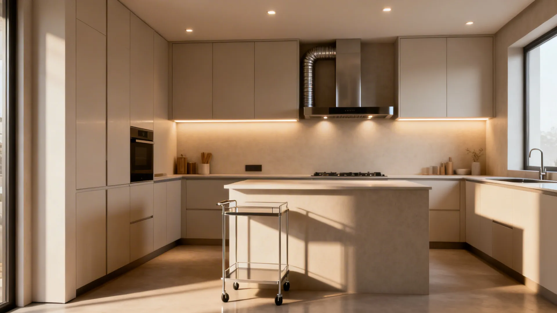 Cohesive 10x13 kitchen showcasing minimalist storage, L-shaped plan, bright surfaces, mobile cart, and layered lighting.