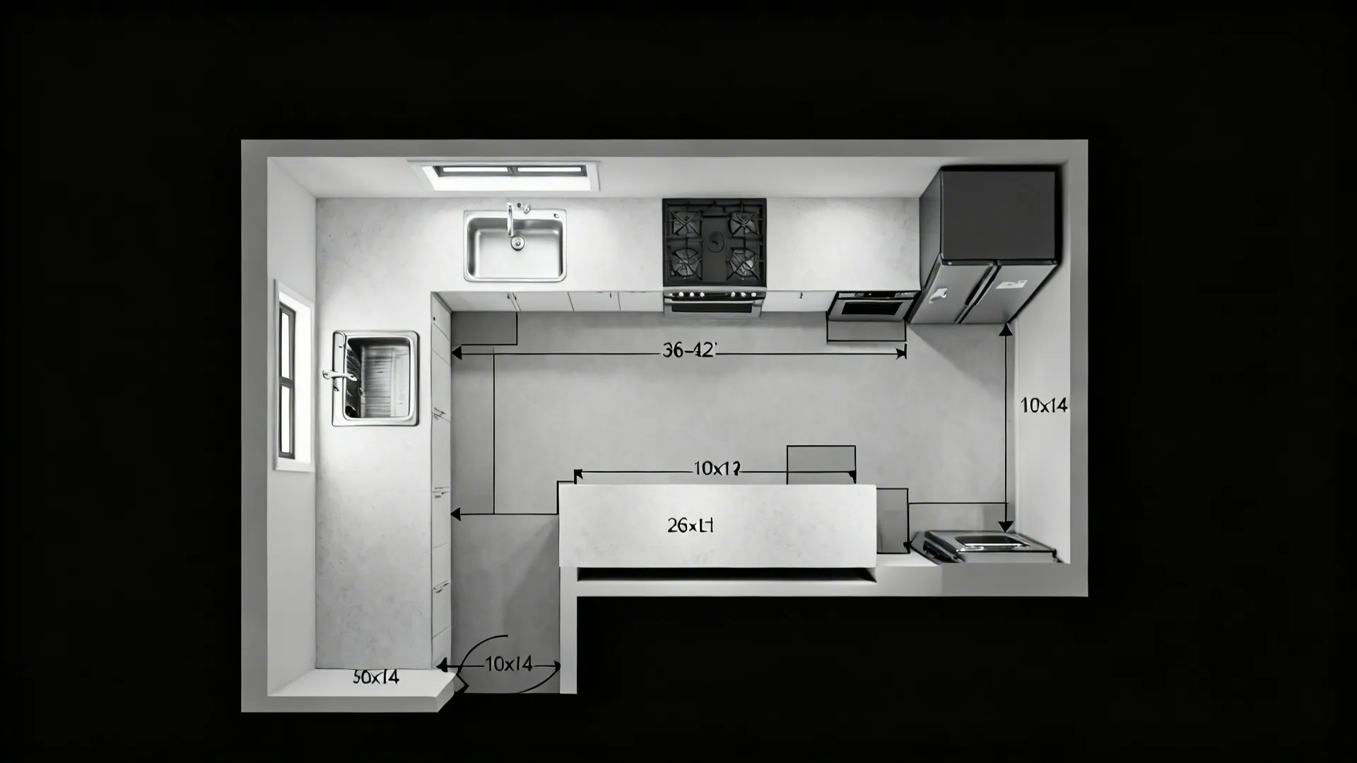 Top-down 10x14 kitchen plan showing appliance placement and clearances with a slim peninsula.
