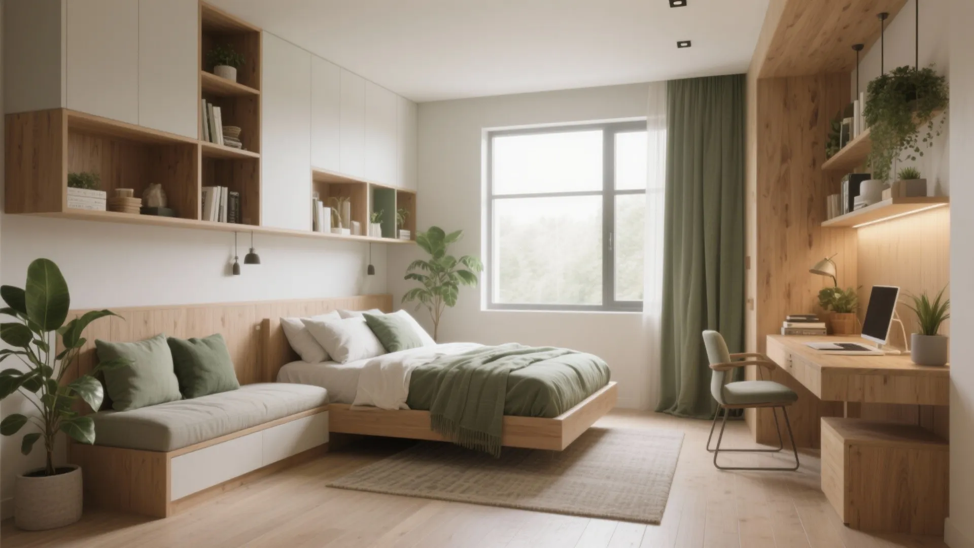 Bright modern bedroom featuring a wood bed with green bedding and a functional work desk