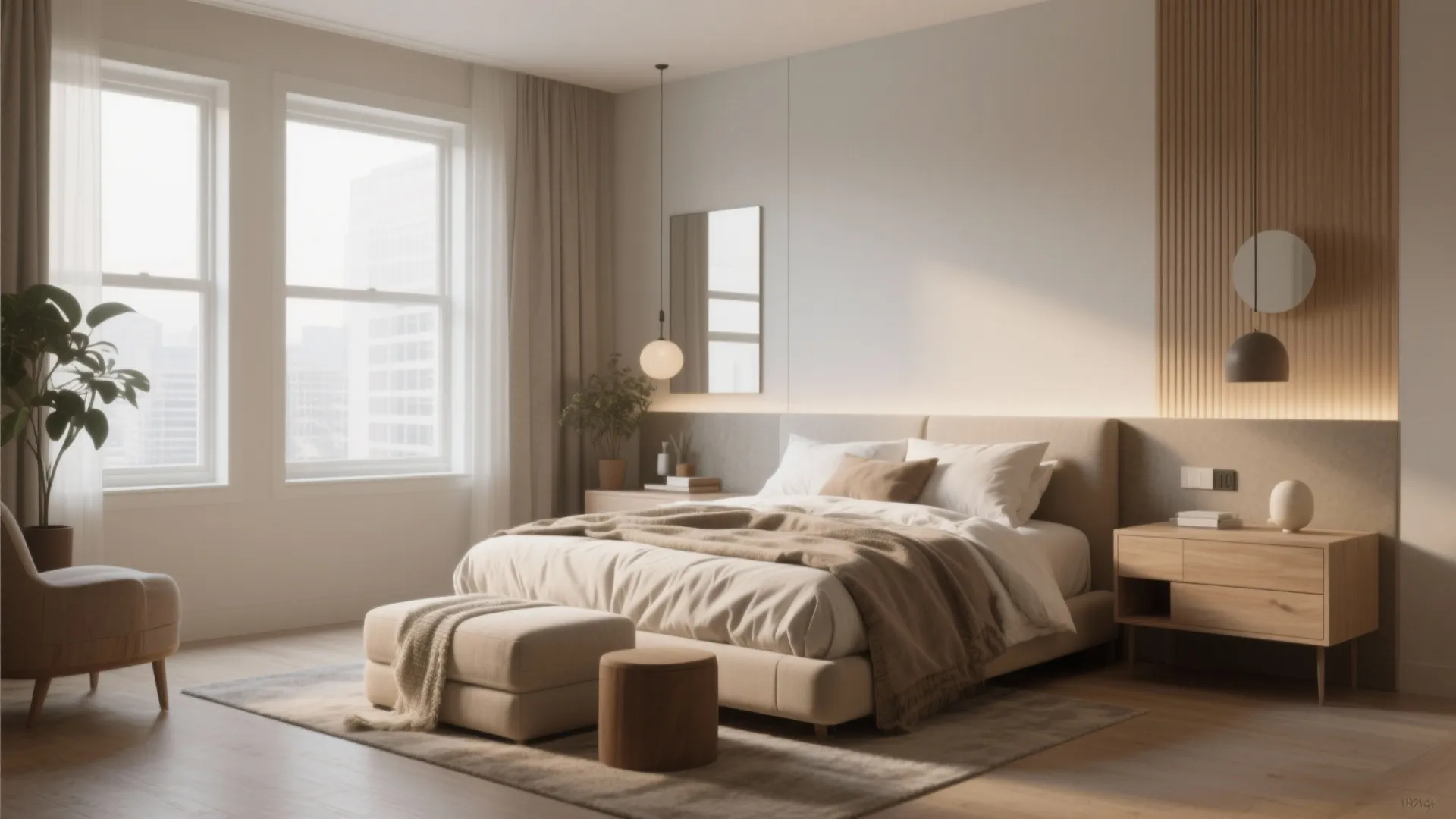 Modern master bedroom with beige bed footrest wooden cabinets large windows and warm natural soft light