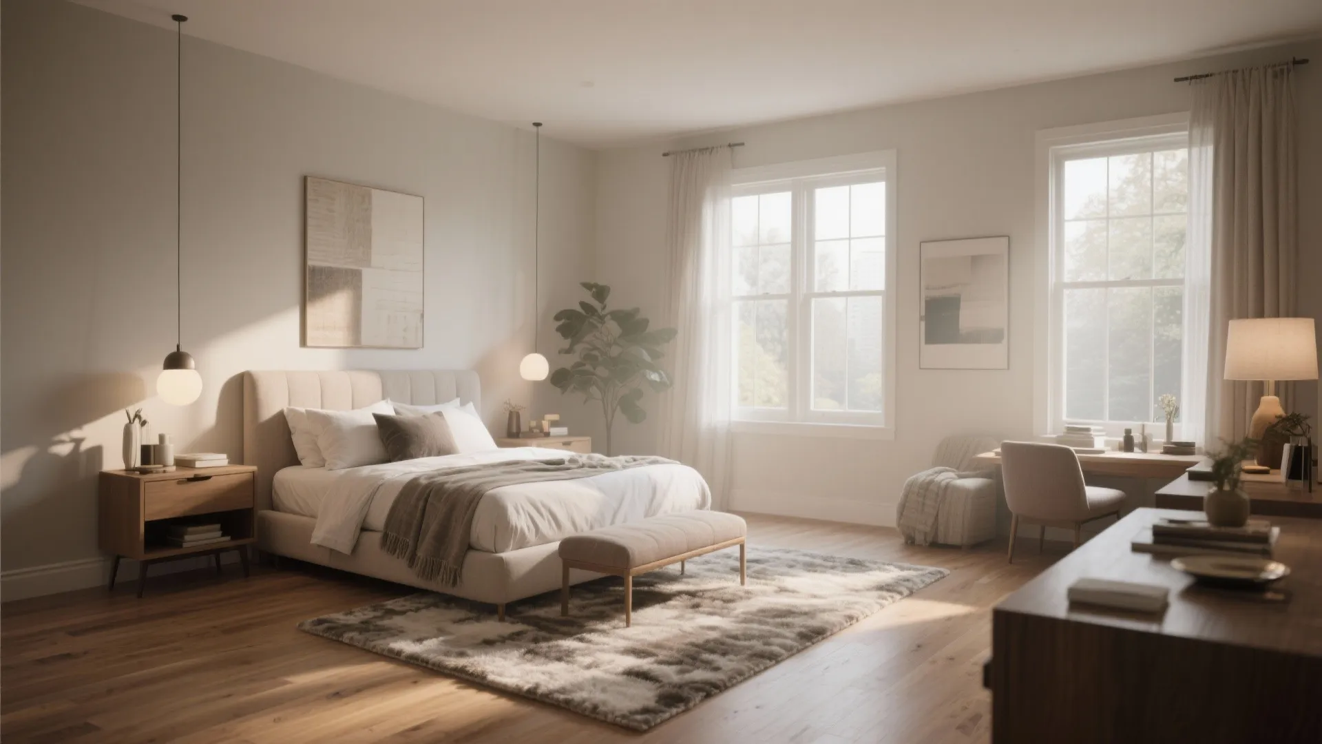 Large bright bedroom with beige bed rug wooden floor desk windows and small hanging light fixtures