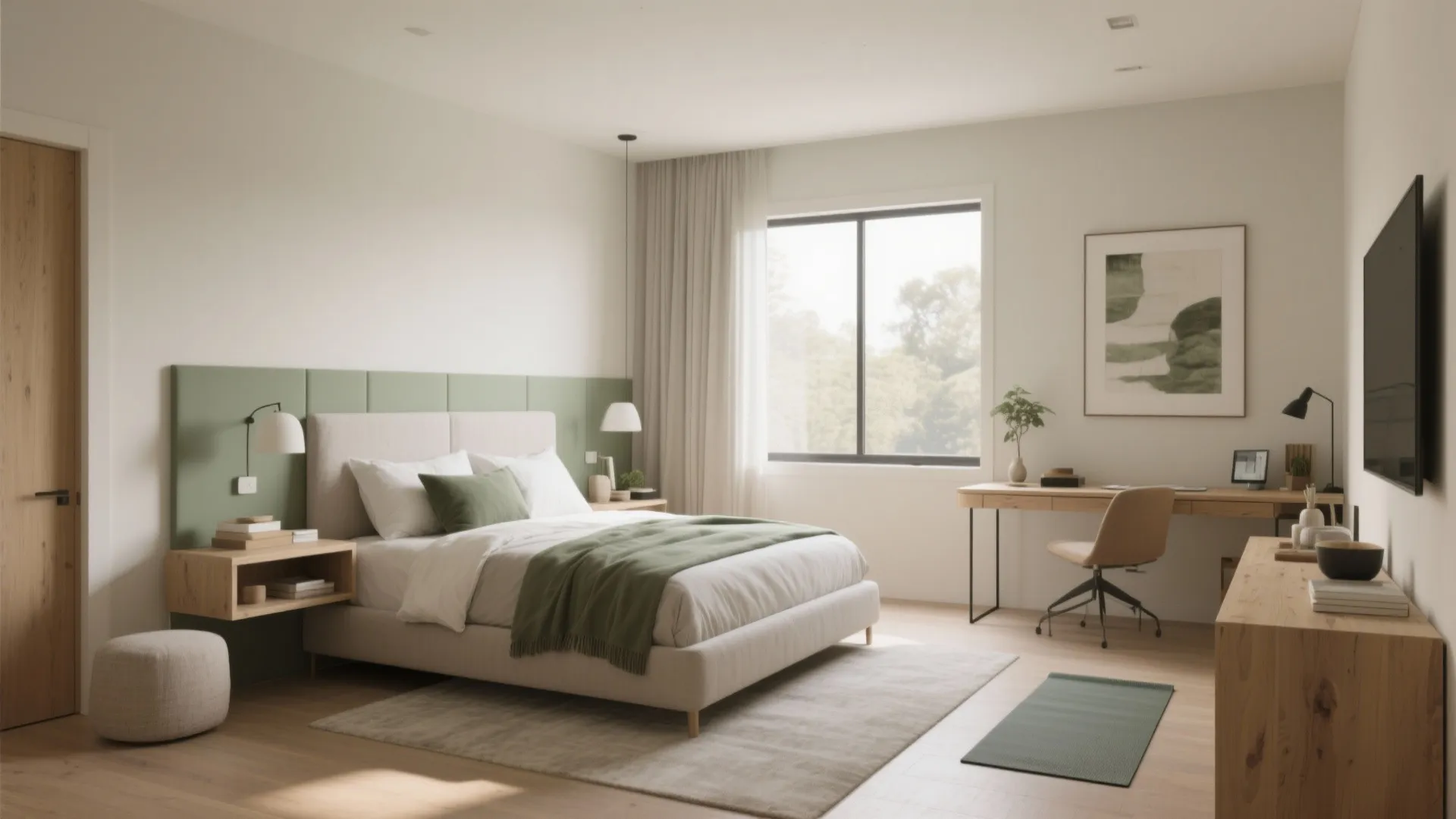 Spacious modern bedroom with green wall paneling a wooden desk and large window garden view