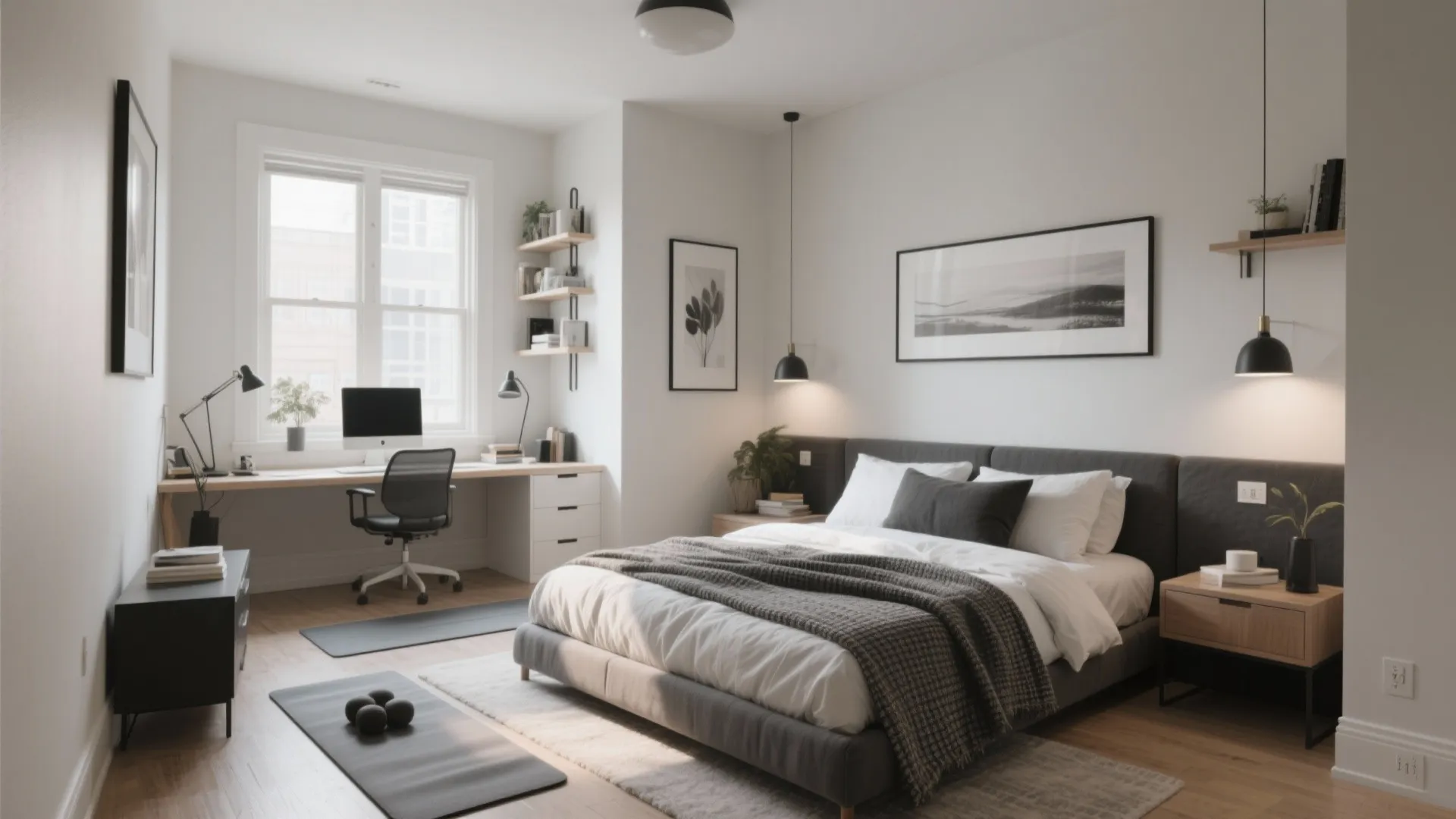 Modern bedroom featuring grey bed wooden desk black chair wall shelves and a yoga mat