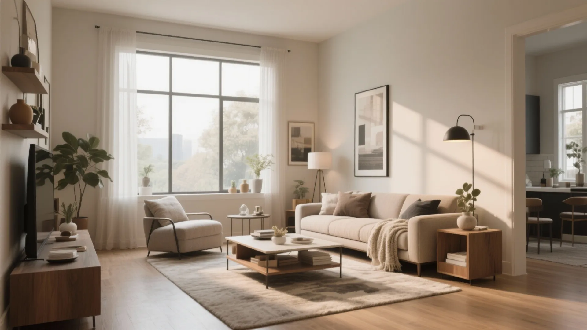 Bright living room with large window white curtain beige sofa wooden floor and black lamp