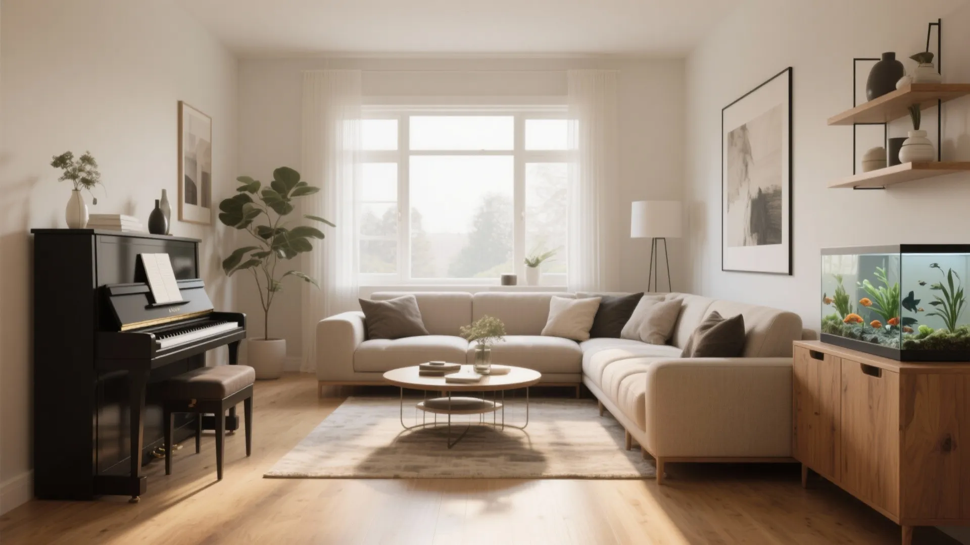 Living room featuring a black piano beige sofa round coffee table and a fish tank