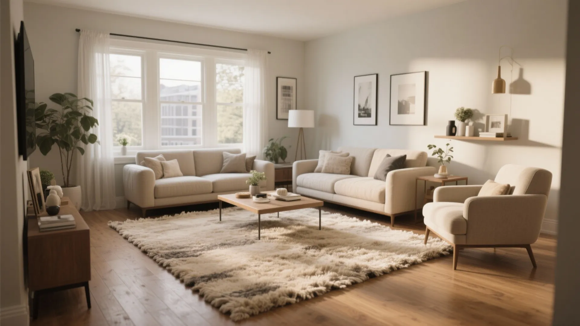 Bright living room featuring cream sofas shaggy rug wooden coffee table white curtains and sunlight