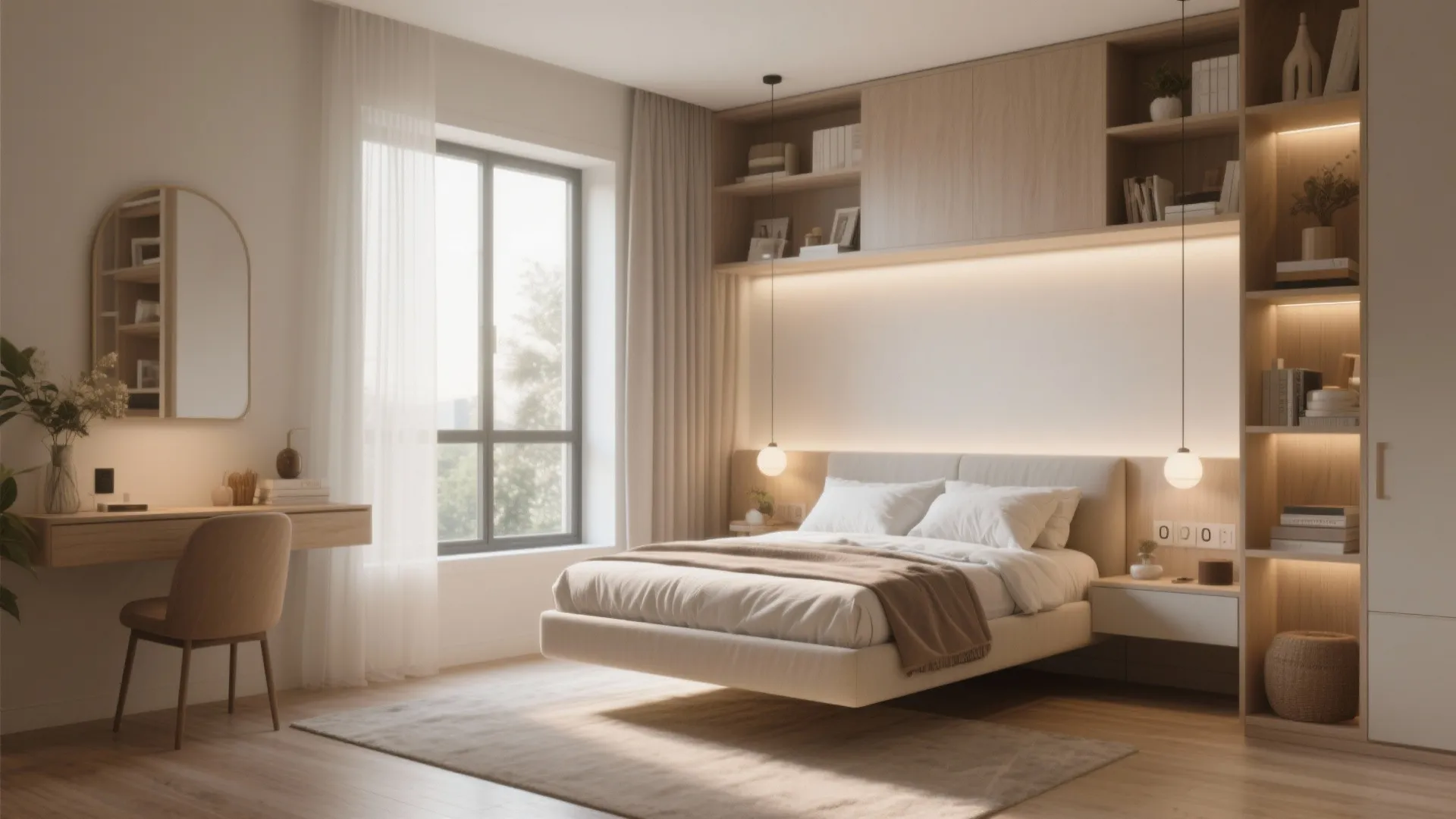 Minimalist bedroom interior design drawing with floating bed wooden cabinet desk and large bright window