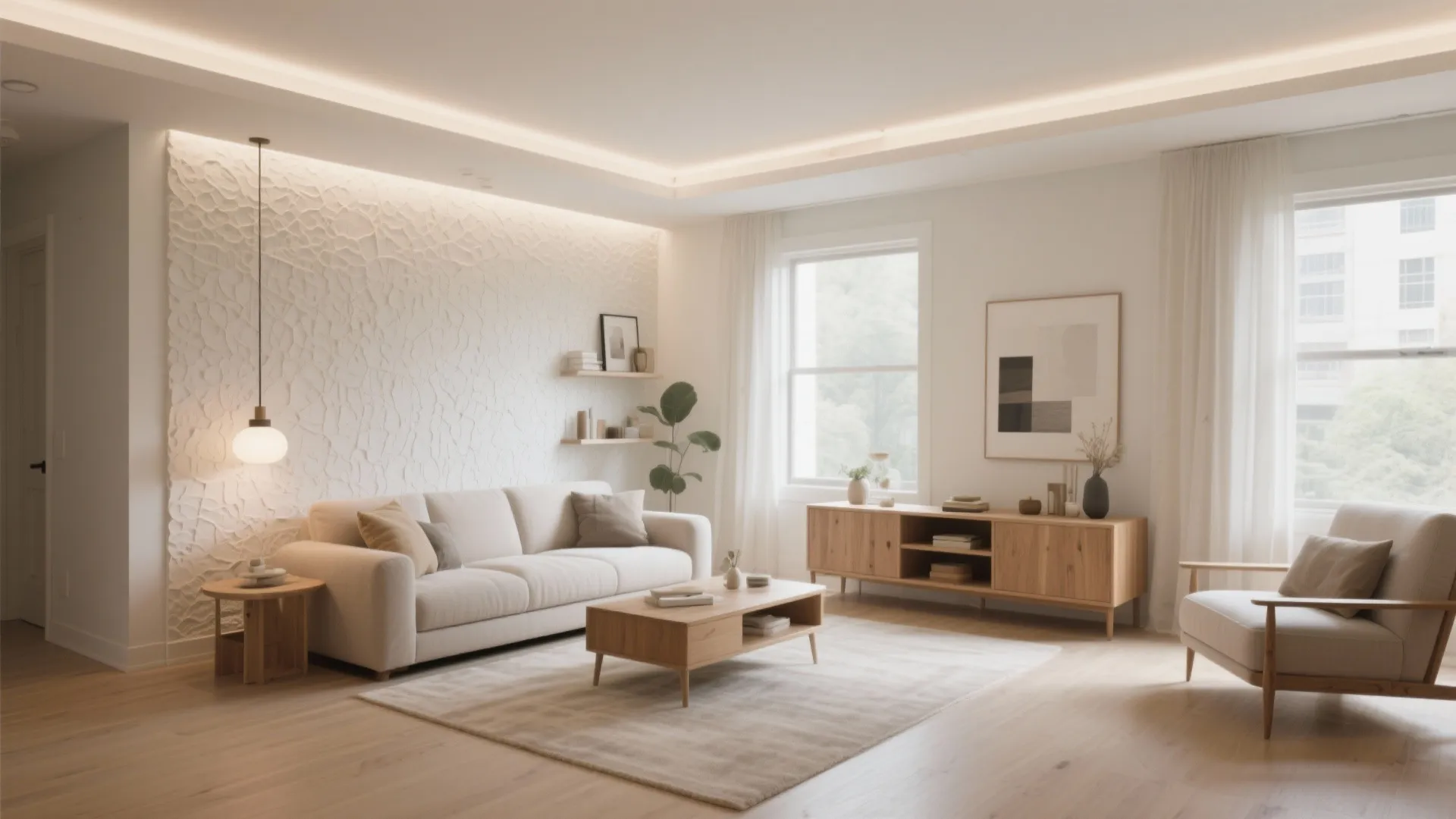 Modern living room with white sofa wooden cabinet textured wall panel and warm soft hanging light